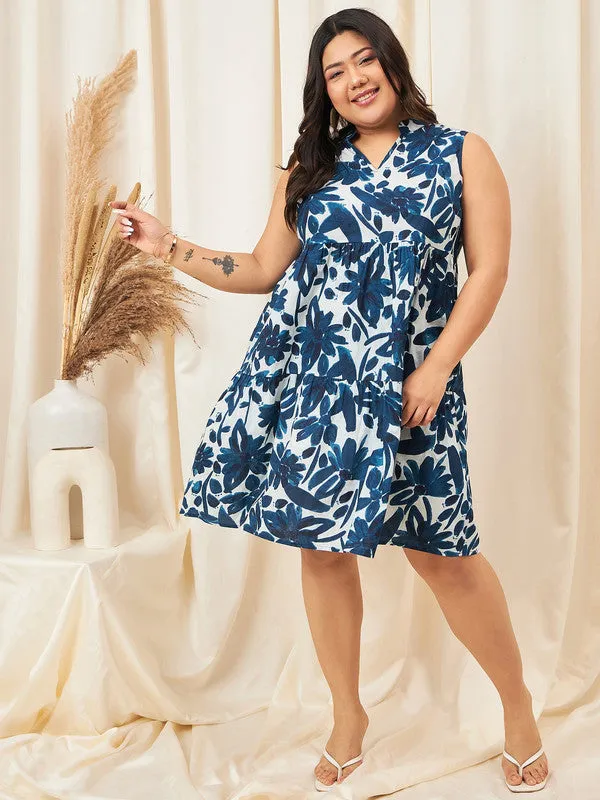 Berrylush Curve Women Navy Blue & White Floral Printed V-Neck Sleeveless Flounce Hem Ruffled A-Line Midi Dress