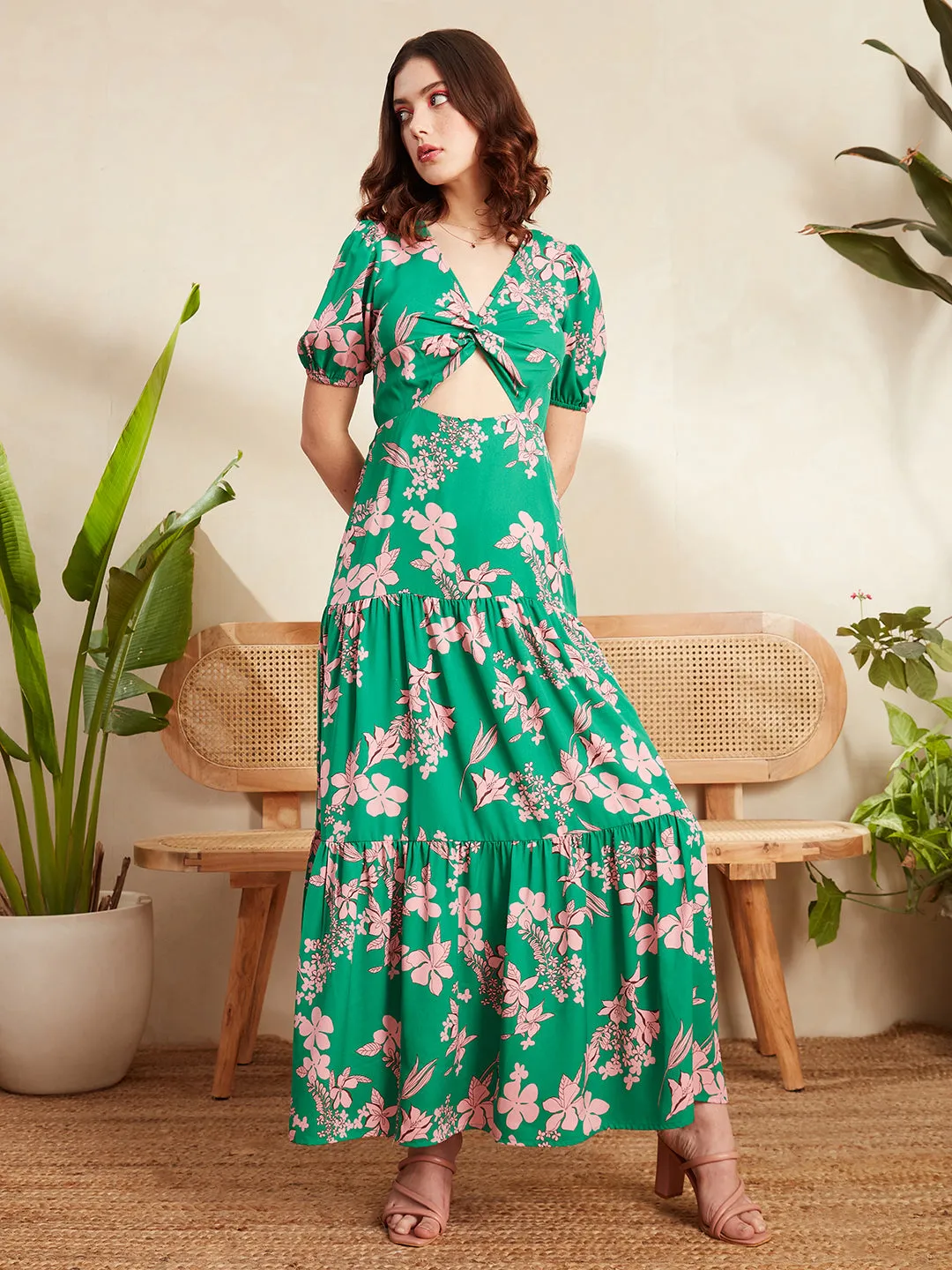 Berrylush Women Green & Pink Floral Printed V-Neck Puff Sleeve Front Cutout Ruffled A-Line Maxi Dress