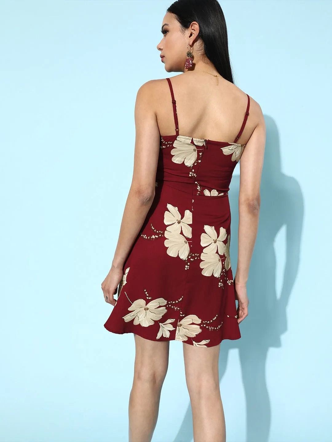 Berrylush Women Maroon Floral Printed Square-Neck Flared A-Line Mini Dress