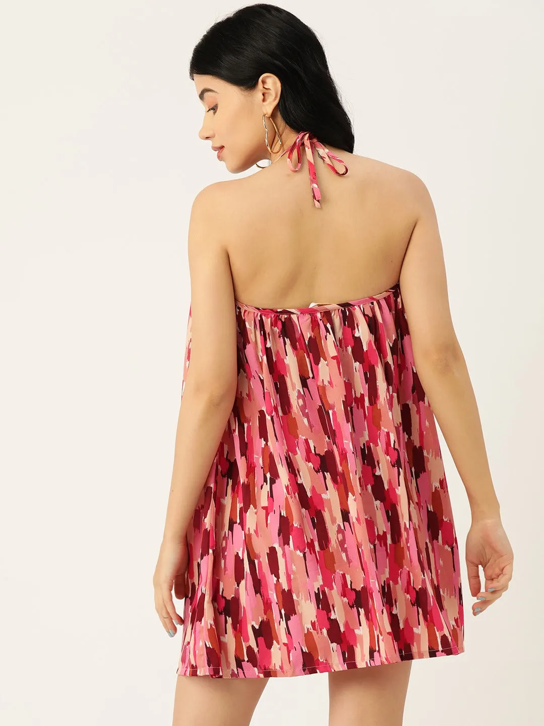 Berrylush Women Pink & Red Abstract Printed Halter Neck Sleeveless Flared A-Line Mini Dress