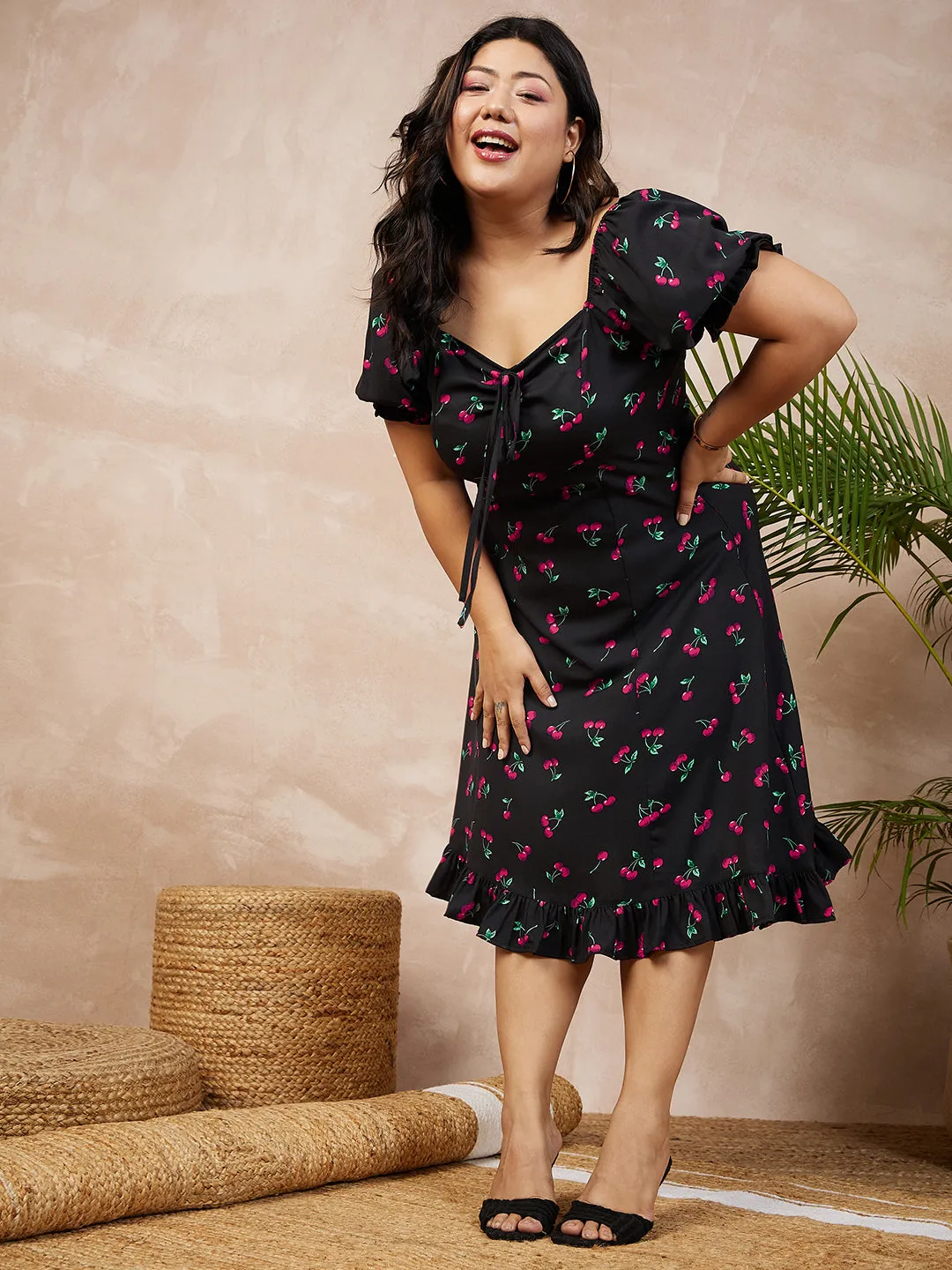 Berrylush Women Plus Size Black & Red Cherry Printed Sweetheart Neck Front Tie-Up Flounce Hem A-Line Midi Dress