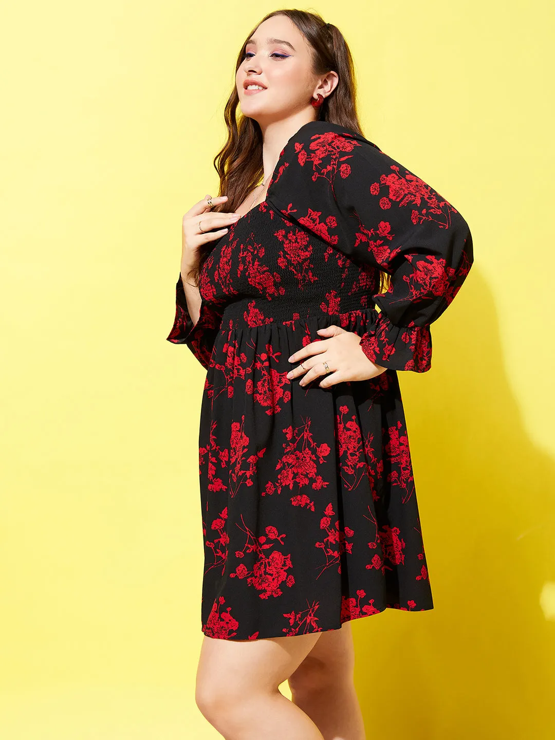 Berrylush Women Plus Size Black & Red Floral Printed Square Neck Bell Sleeve Smocked A-Line Mini Dress