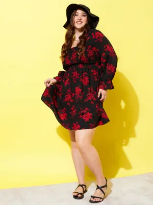 Berrylush Women Plus Size Black & Red Floral Printed Square Neck Bell Sleeve Smocked A-Line Mini Dress