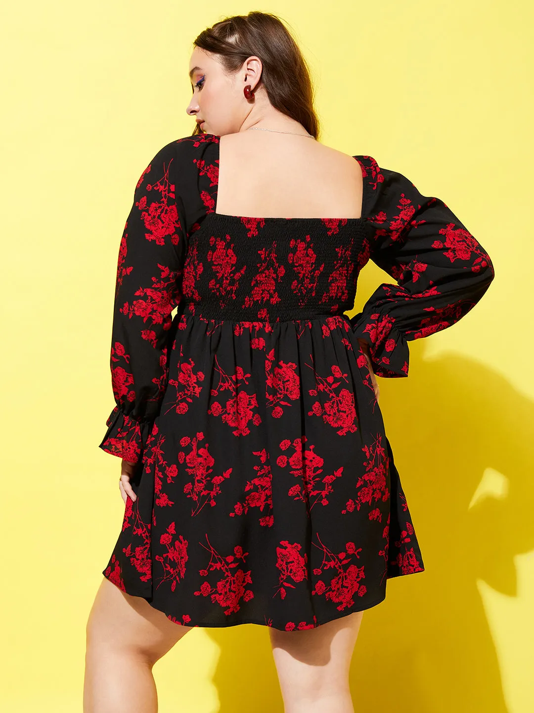 Berrylush Women Plus Size Black & Red Floral Printed Square Neck Bell Sleeve Smocked A-Line Mini Dress