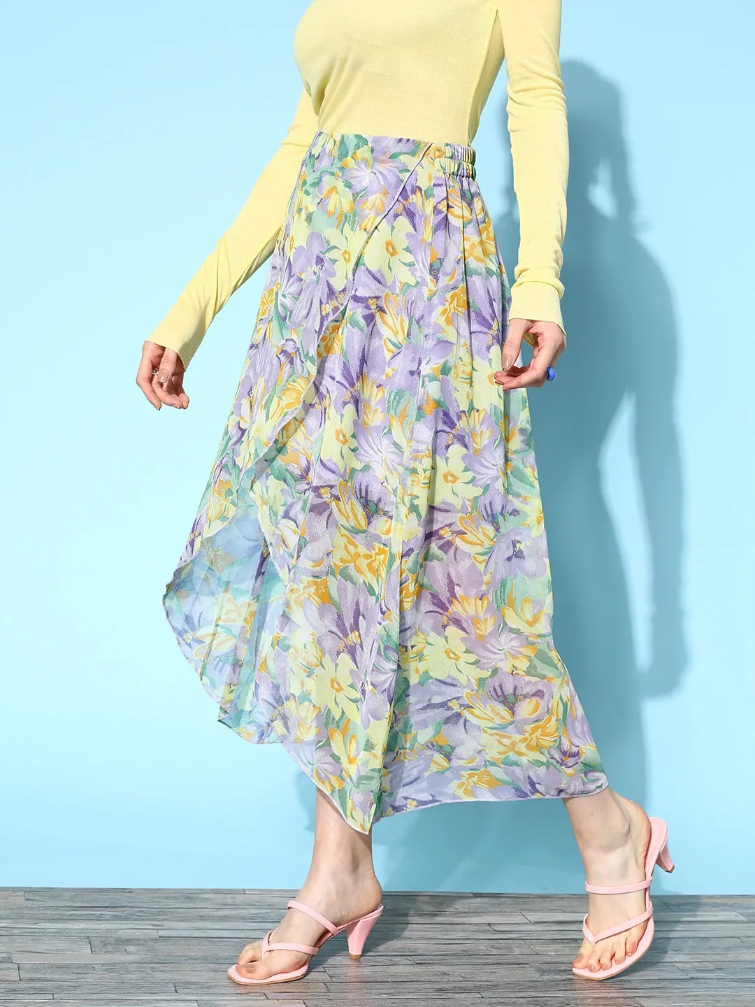 Berrylush Women Purple & Yellow Floral Printed Georgette Partially Elastic Slip-On Waist Tulip Hem Layered Midi Skirt