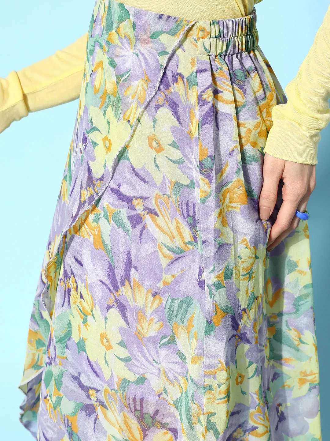 Berrylush Women Purple & Yellow Floral Printed Georgette Partially Elastic Slip-On Waist Tulip Hem Layered Midi Skirt