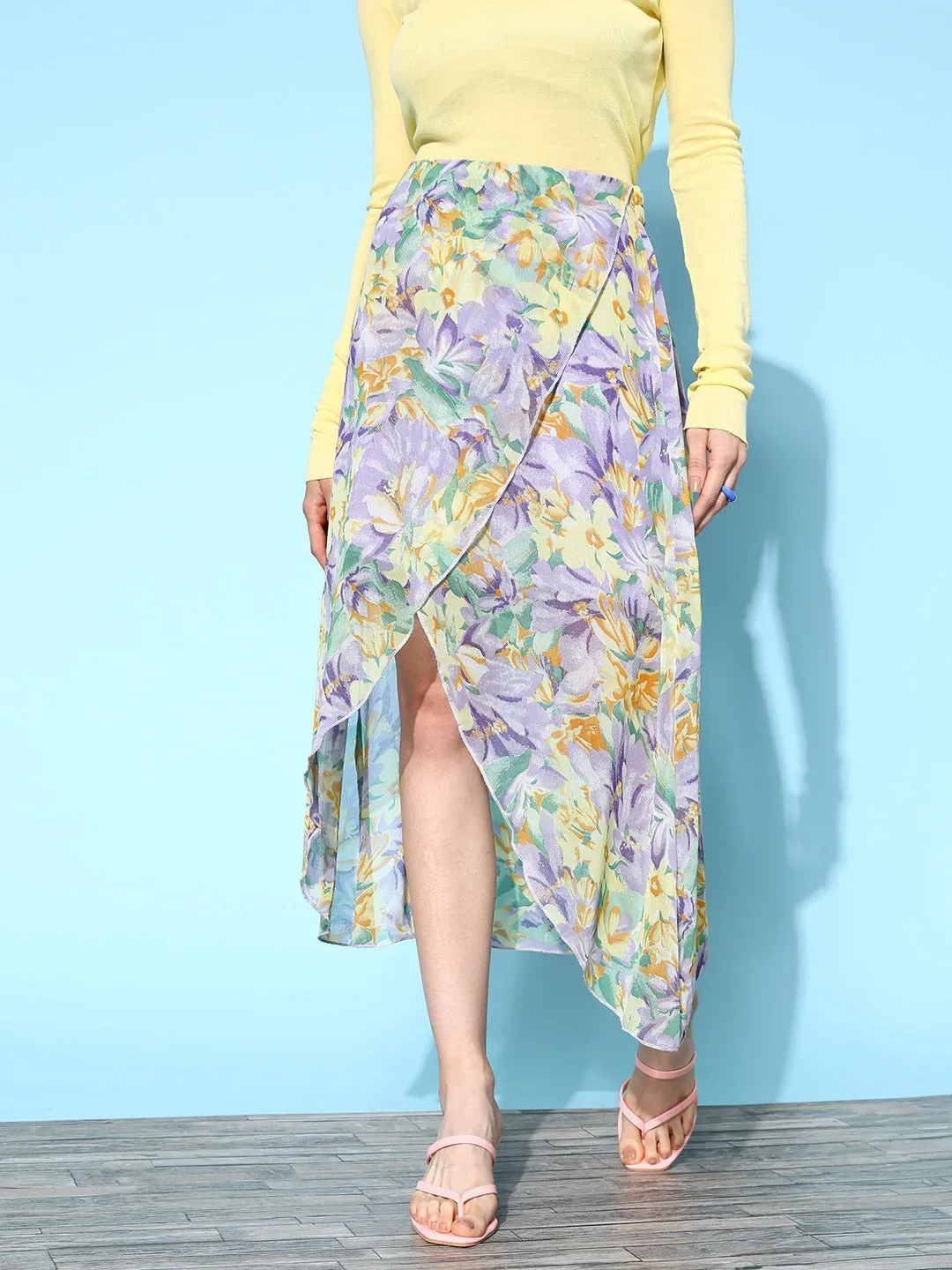 Berrylush Women Purple & Yellow Floral Printed Georgette Partially Elastic Slip-On Waist Tulip Hem Layered Midi Skirt