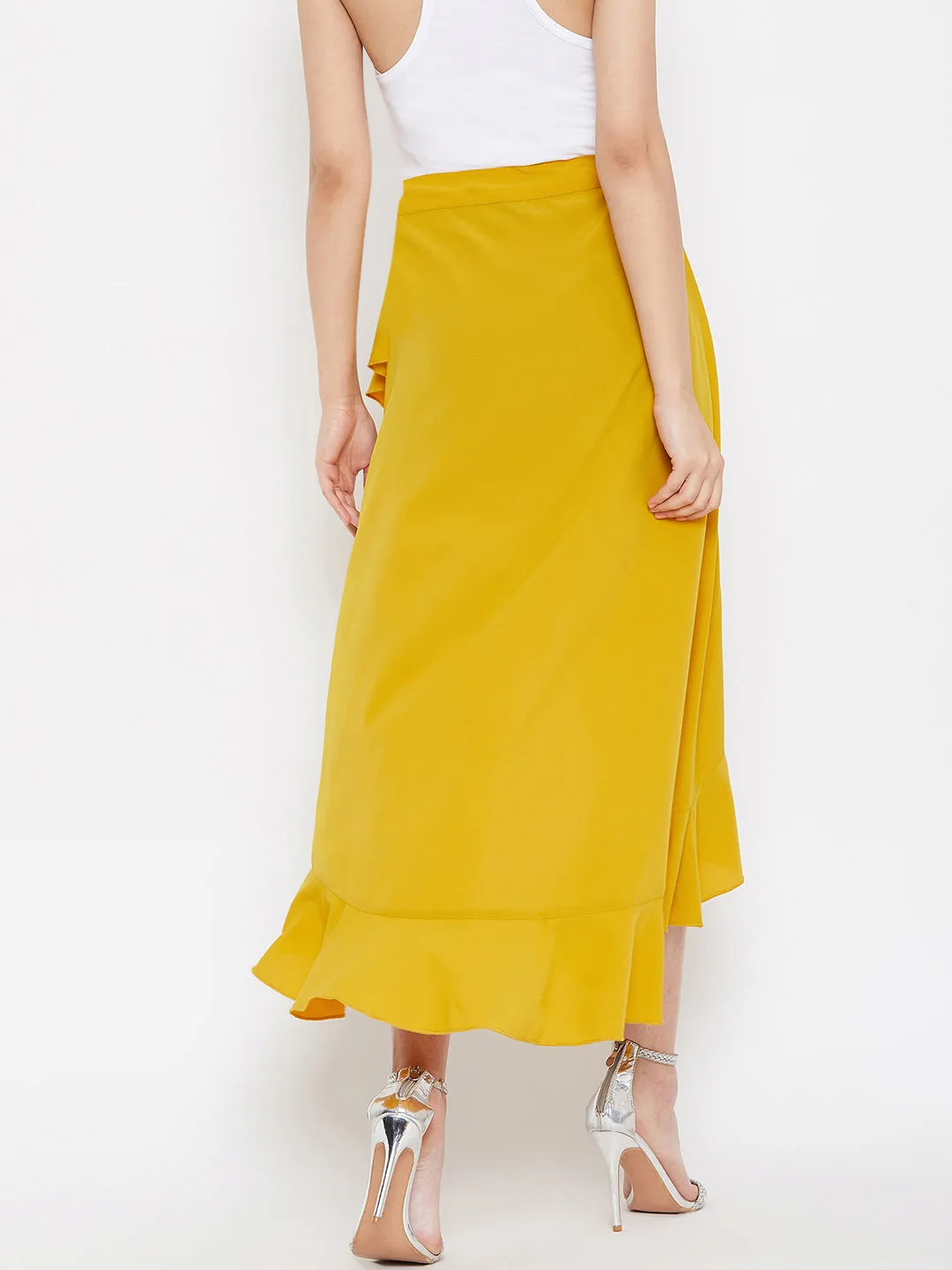 Berrylush Women Solid Yellow High-Low Ruffled Wrap Midi Skirt