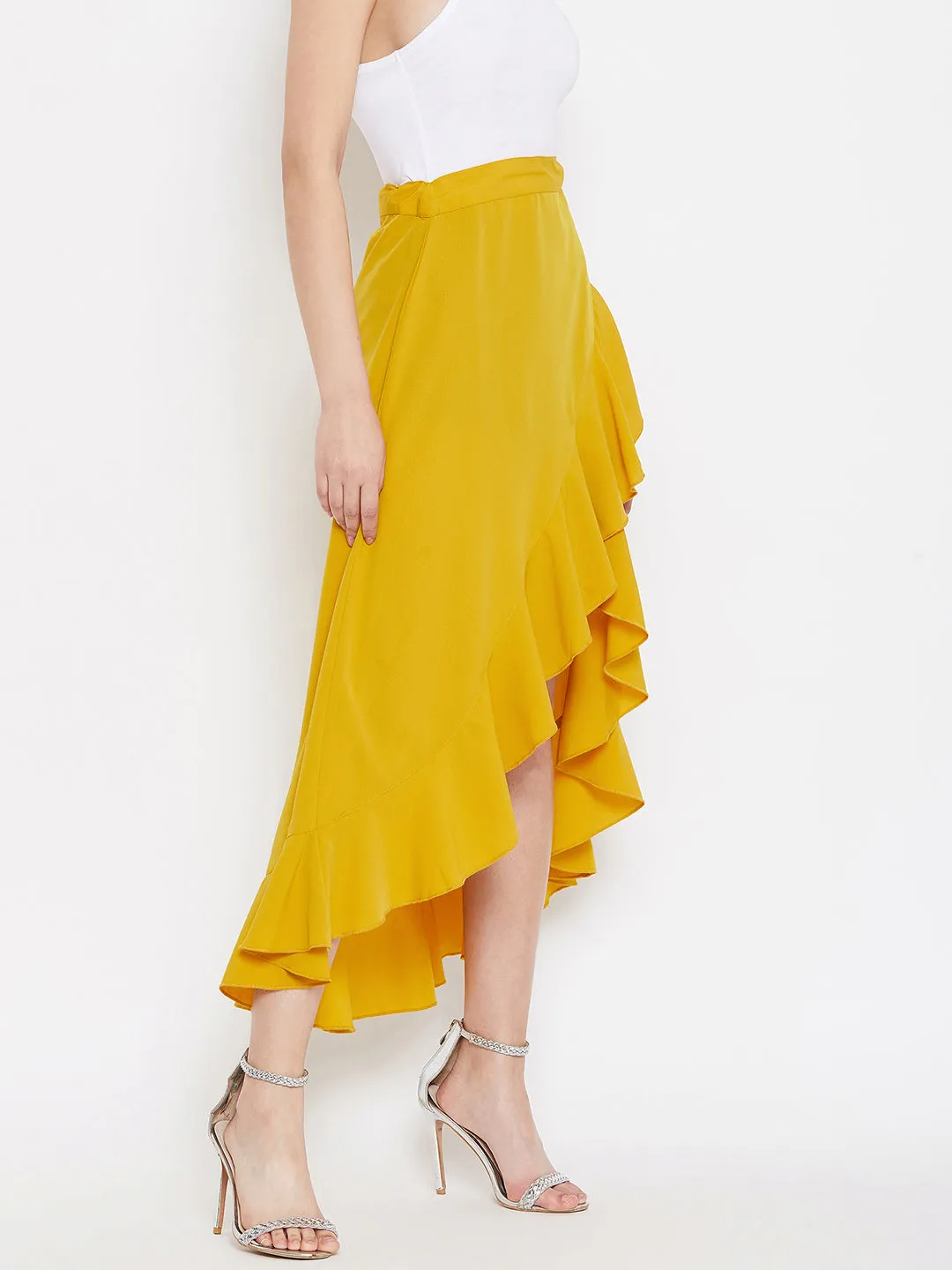 Berrylush Women Solid Yellow High-Low Ruffled Wrap Midi Skirt