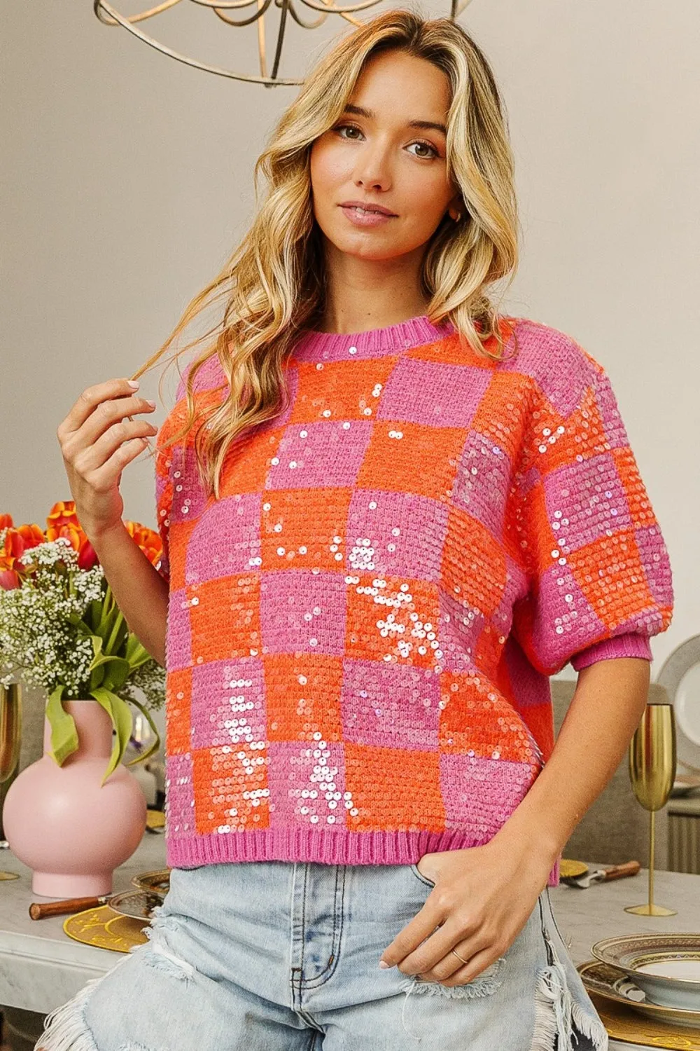 BiBi Checkered Short Sleeve Sequin Sweater