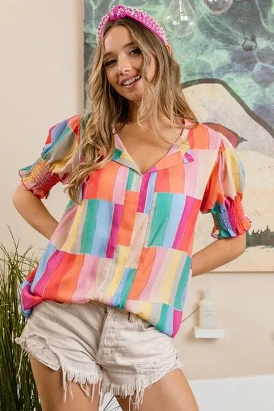 BiBi Color Block Smocked Short Sleeve Blouse