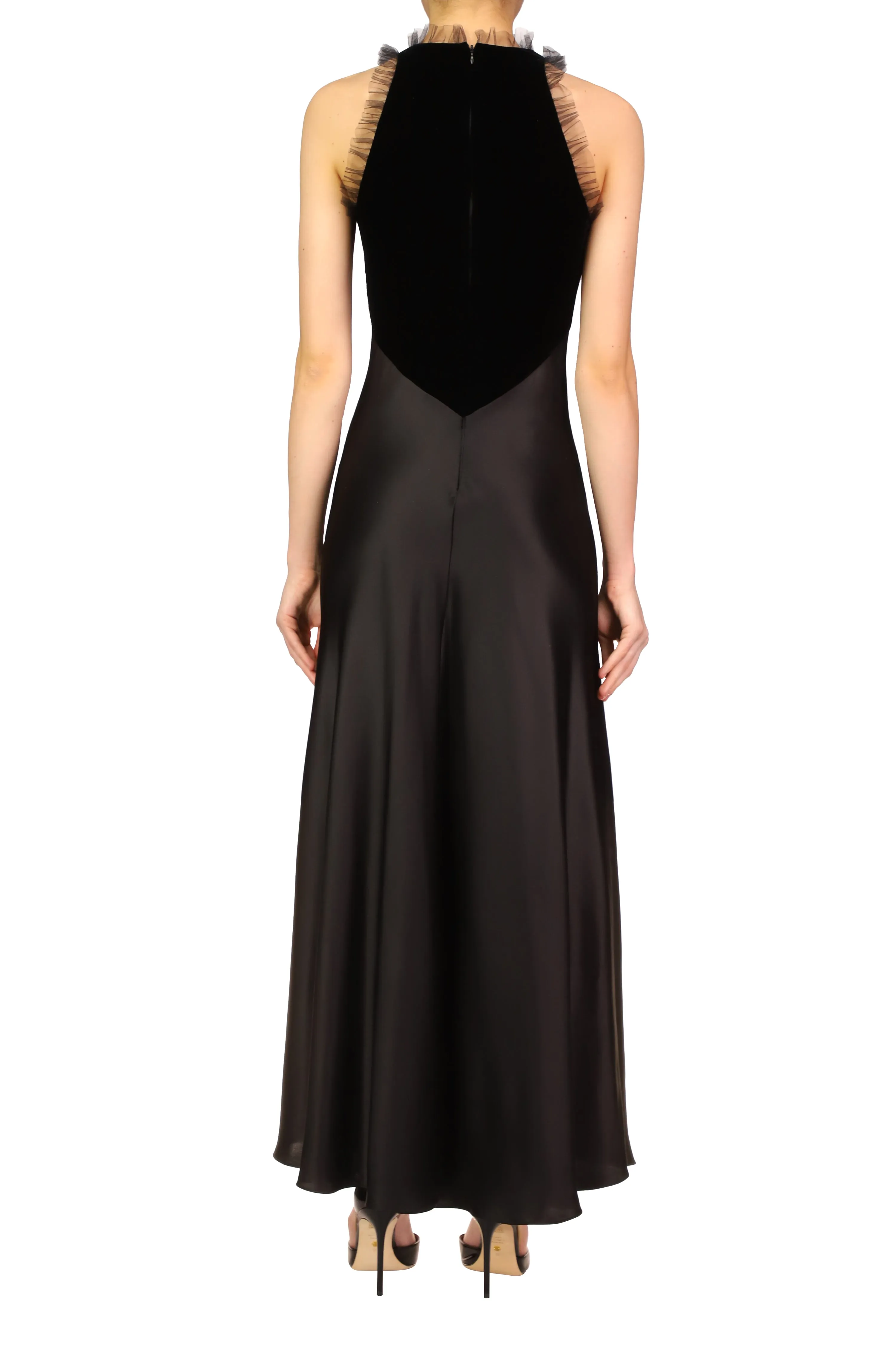 Black Silk Satin & Velvet Dress With Tulle Detail