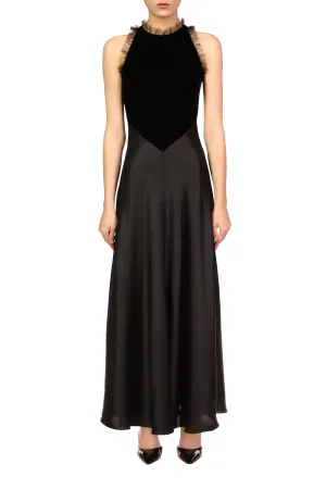 Black Silk Satin & Velvet Dress With Tulle Detail