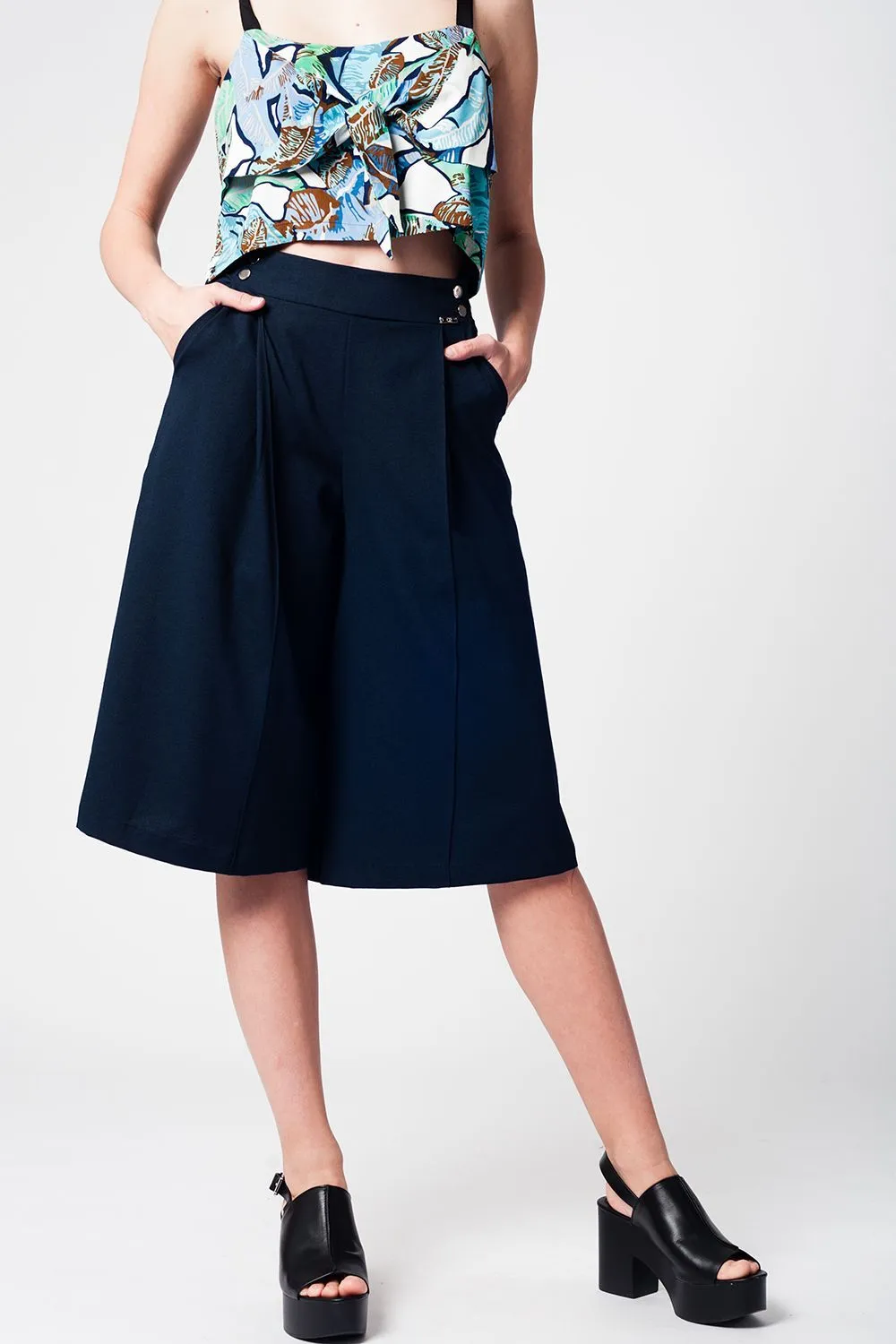 Blue Navy Pants Skirt With Silver Buttons