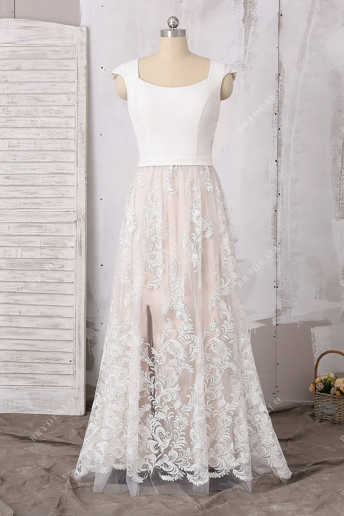 Bohemian Lace Satin Cap Sleeve Slit Floor Length Pearl Pink Wedding Dress