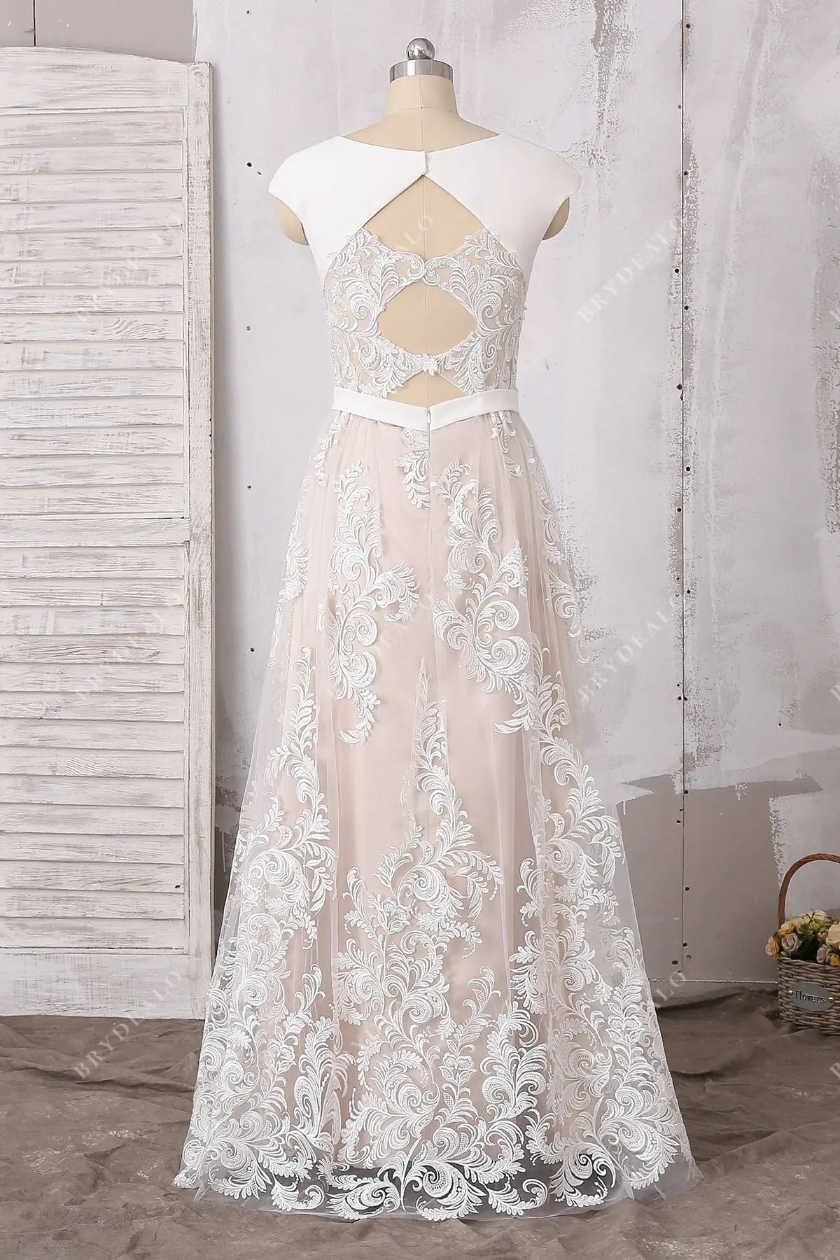 Bohemian Lace Satin Cap Sleeve Slit Floor Length Pearl Pink Wedding Dress