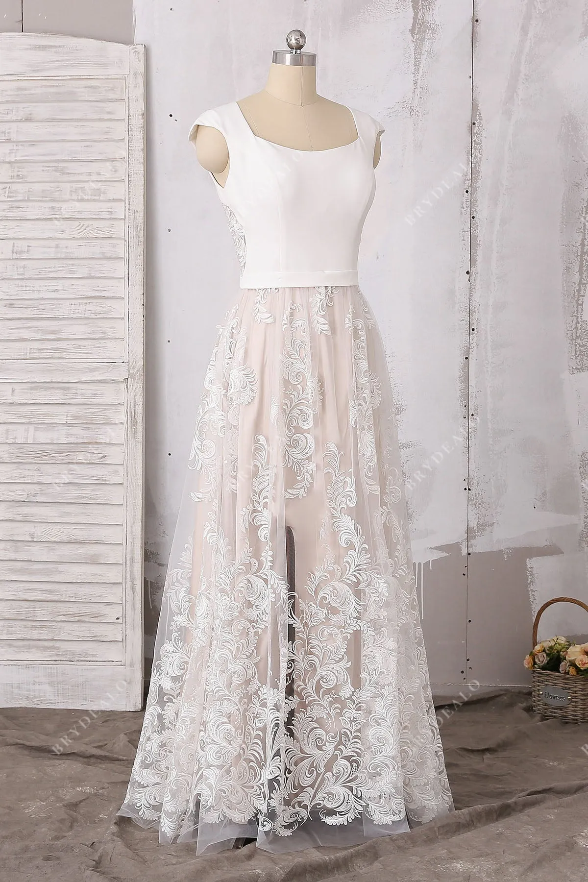 Bohemian Lace Satin Cap Sleeve Slit Floor Length Pearl Pink Wedding Dress