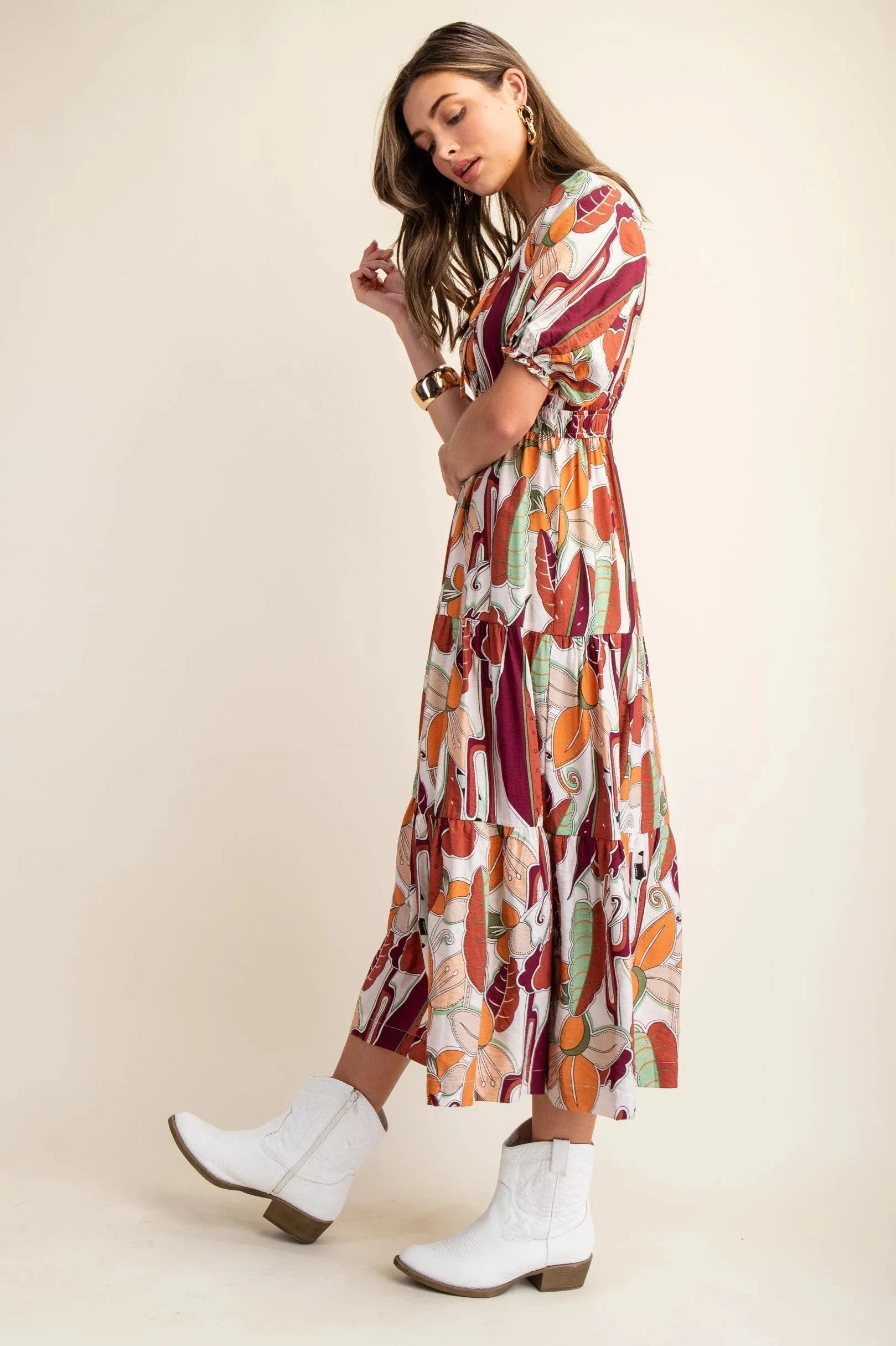 Bold Print Tiered Midi Dress