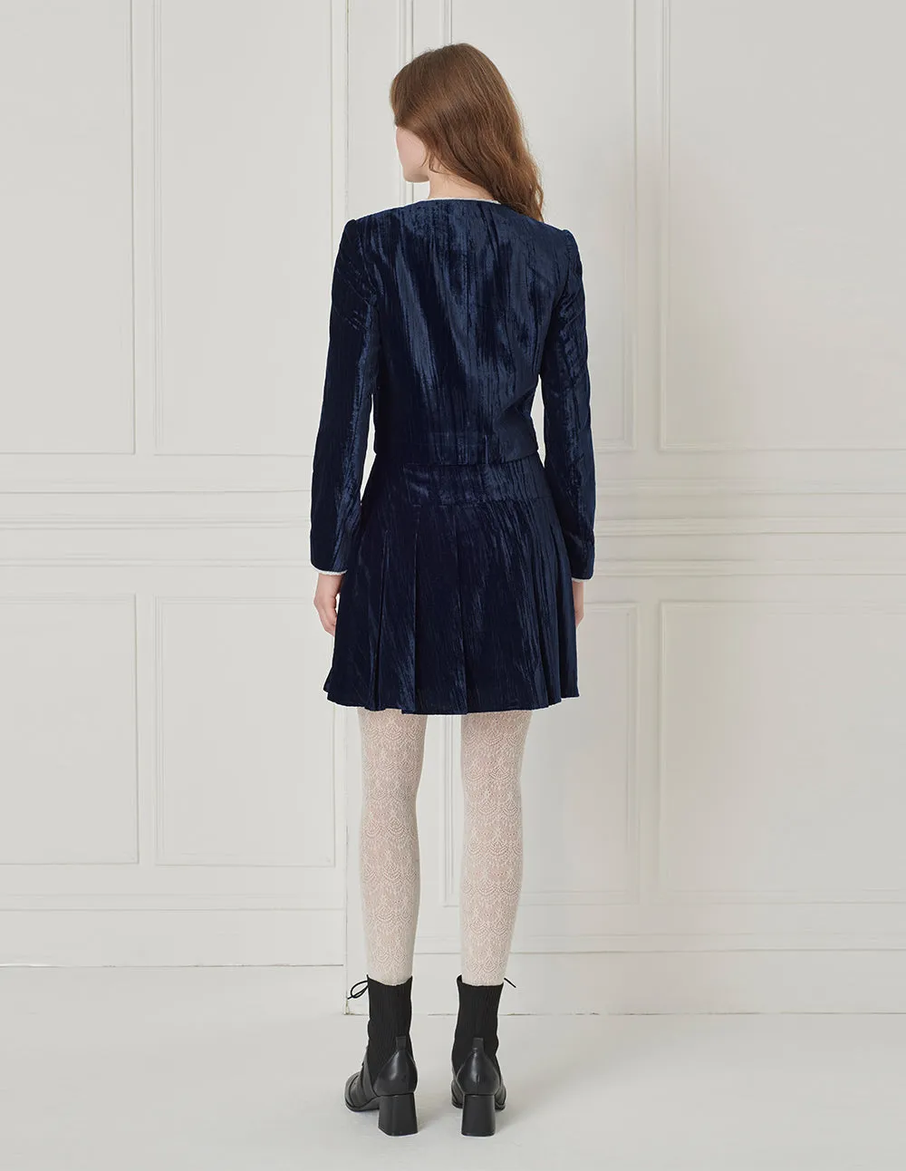 BORA AKSU Ruffled Round-Neck Cropped Velvet Jacket