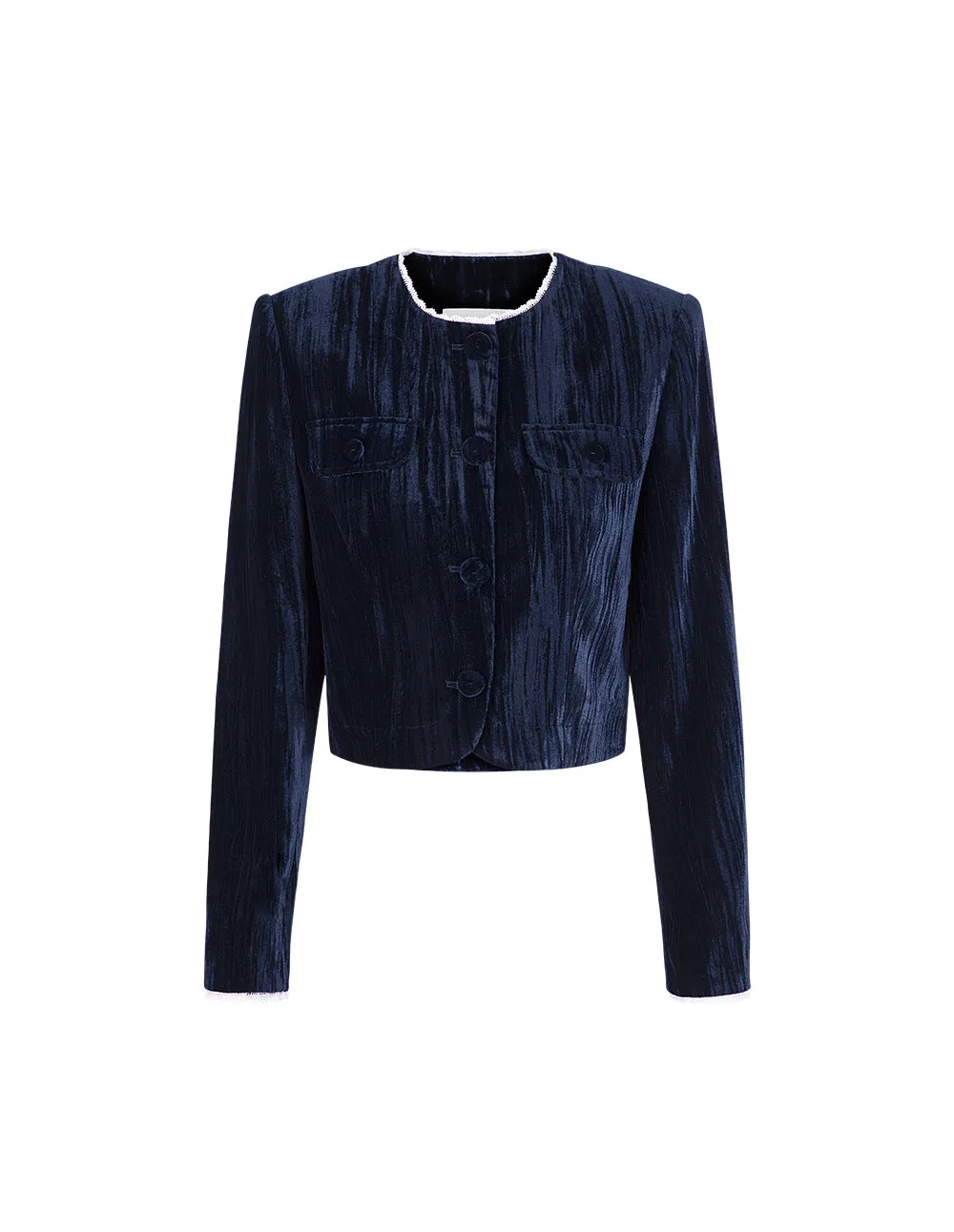 BORA AKSU Ruffled Round-Neck Cropped Velvet Jacket