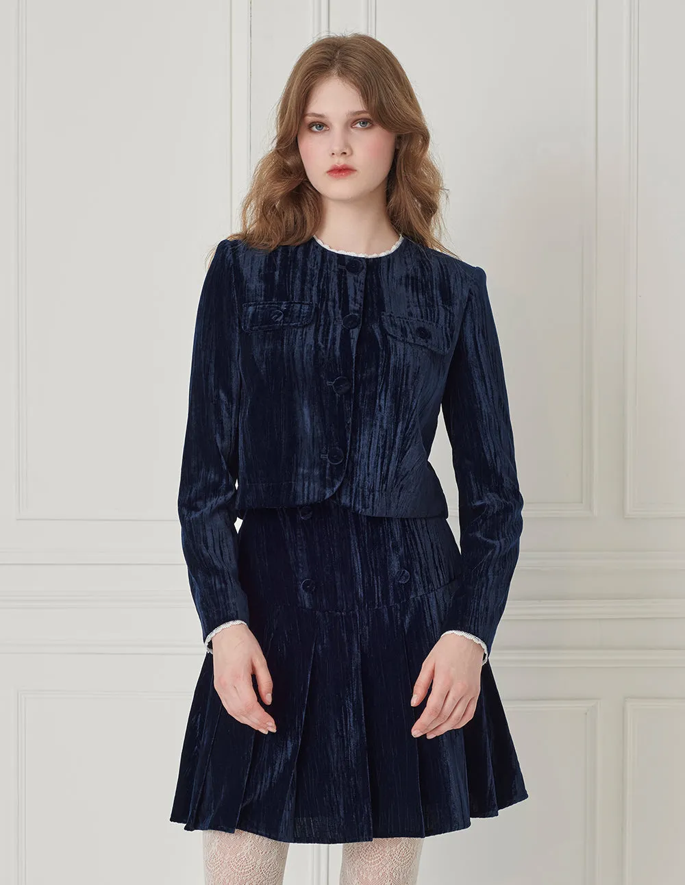 BORA AKSU Ruffled Round-Neck Cropped Velvet Jacket