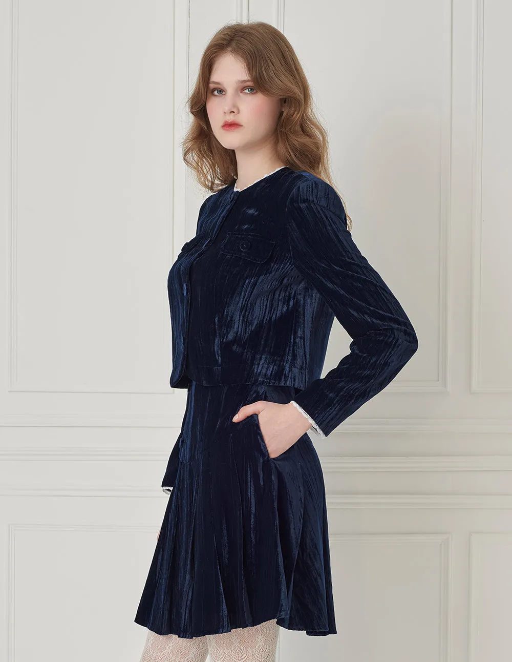 BORA AKSU Ruffled Round-Neck Cropped Velvet Jacket