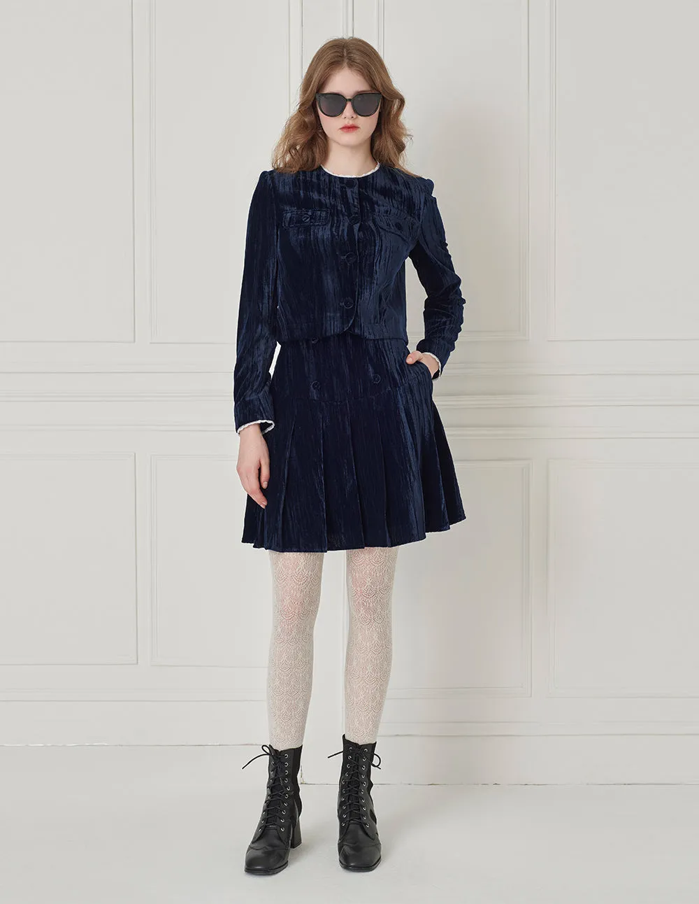 BORA AKSU Ruffled Round-Neck Cropped Velvet Jacket