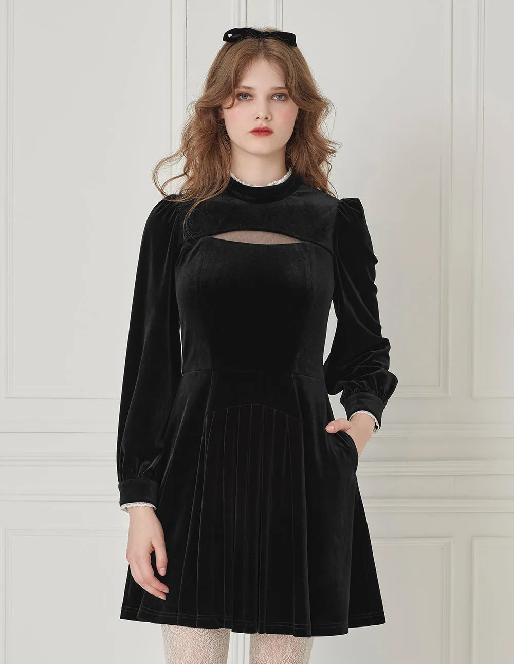 BORA AKSU Stand Collar Hollow Lace Velvet Fitted Long Sleeve Pleated Dress