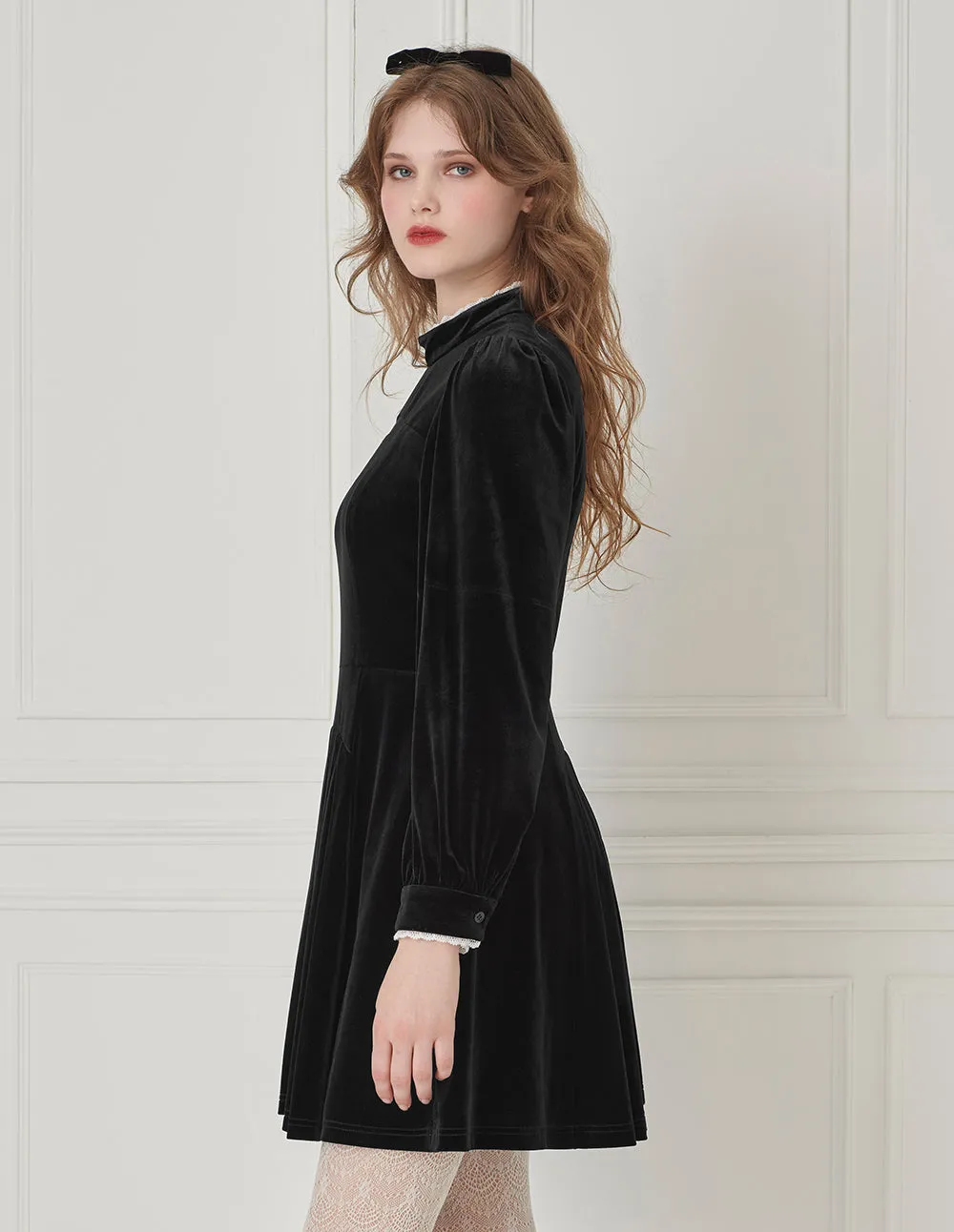 BORA AKSU Stand Collar Hollow Lace Velvet Fitted Long Sleeve Pleated Dress