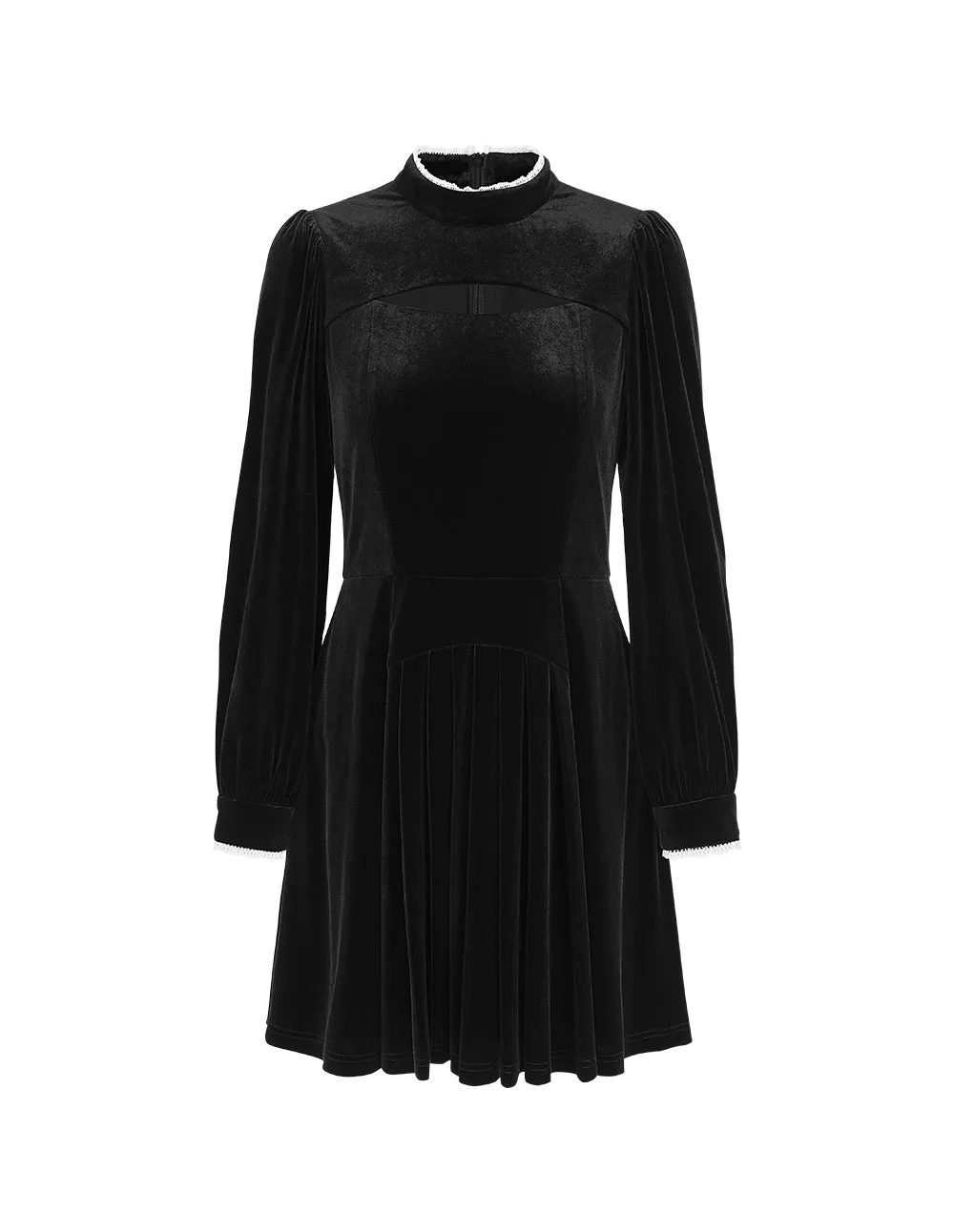 BORA AKSU Stand Collar Hollow Lace Velvet Fitted Long Sleeve Pleated Dress