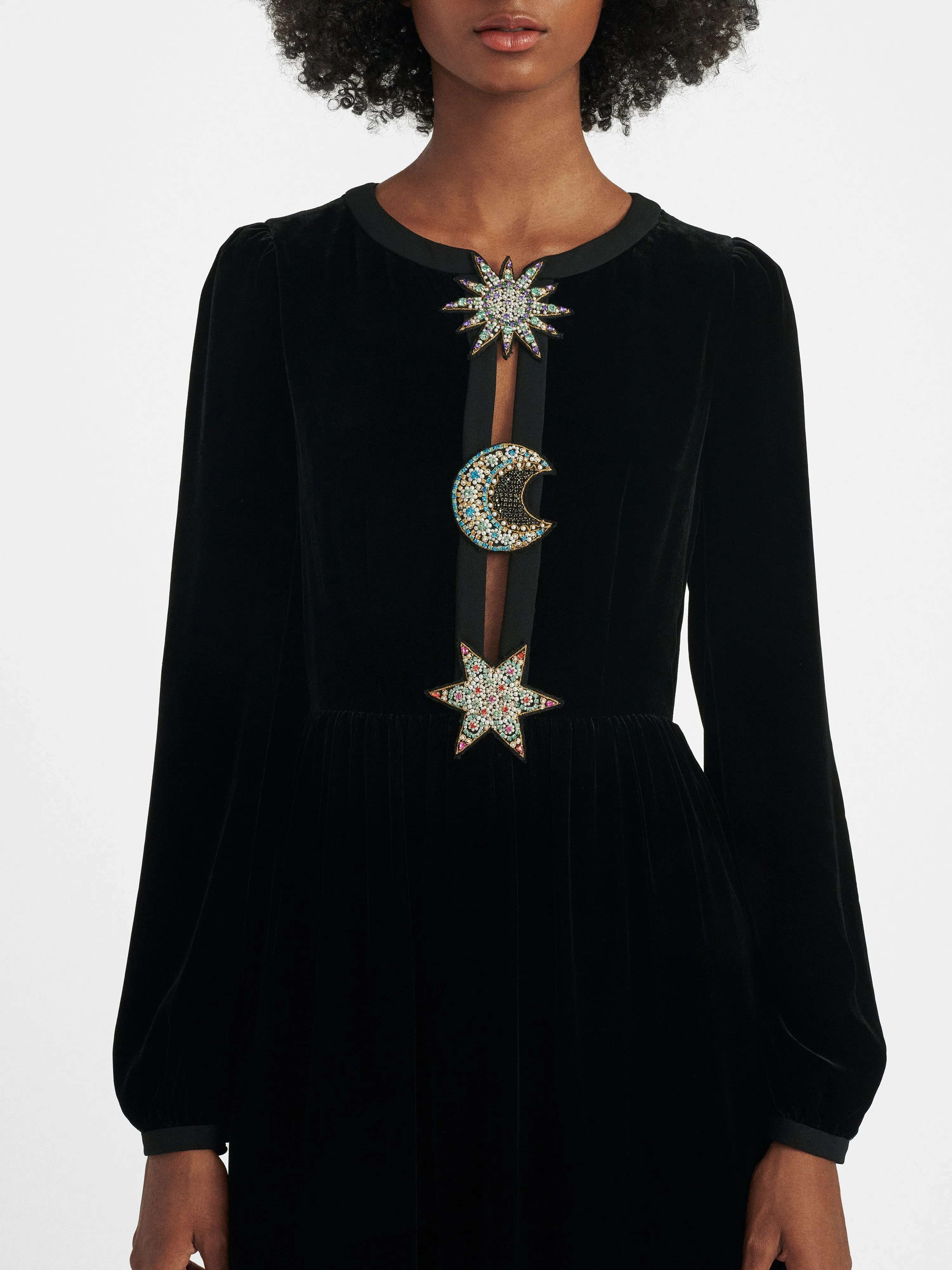 Camille Embellished Sun Moon Star Long Dress in Black