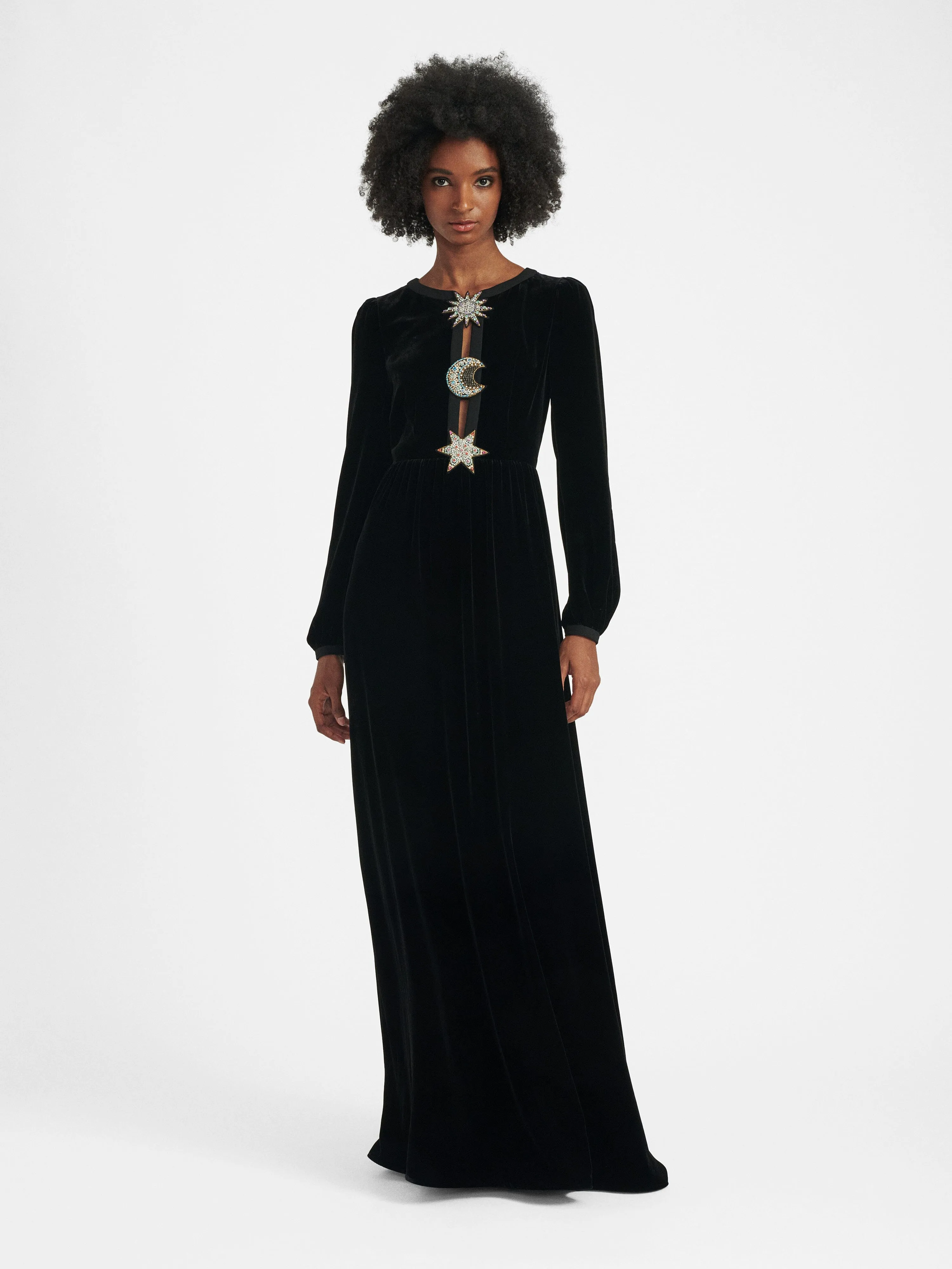 Camille Embellished Sun Moon Star Long Dress in Black