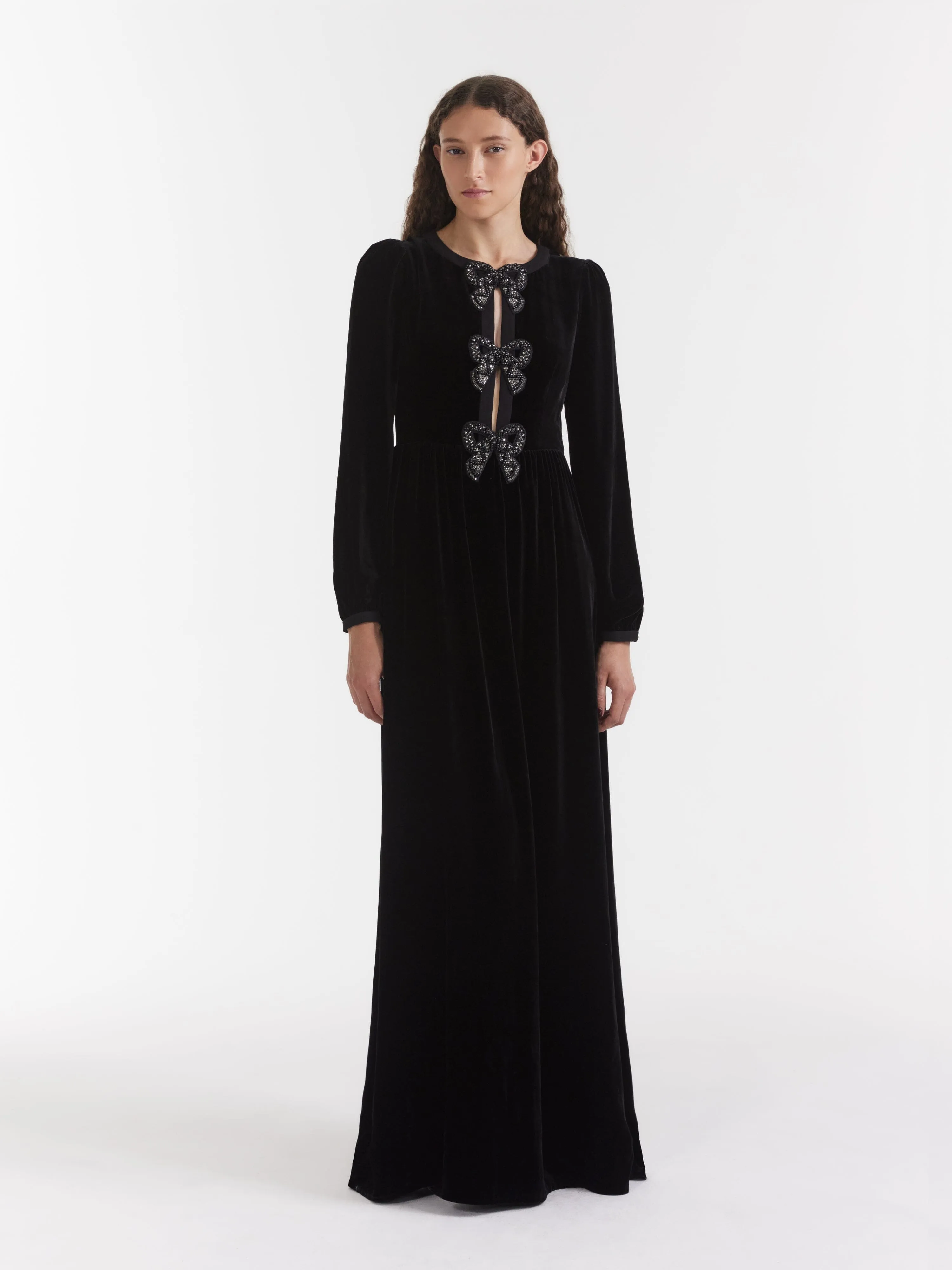 Camille Velvet Embellished Black Bows Long Dress in Black