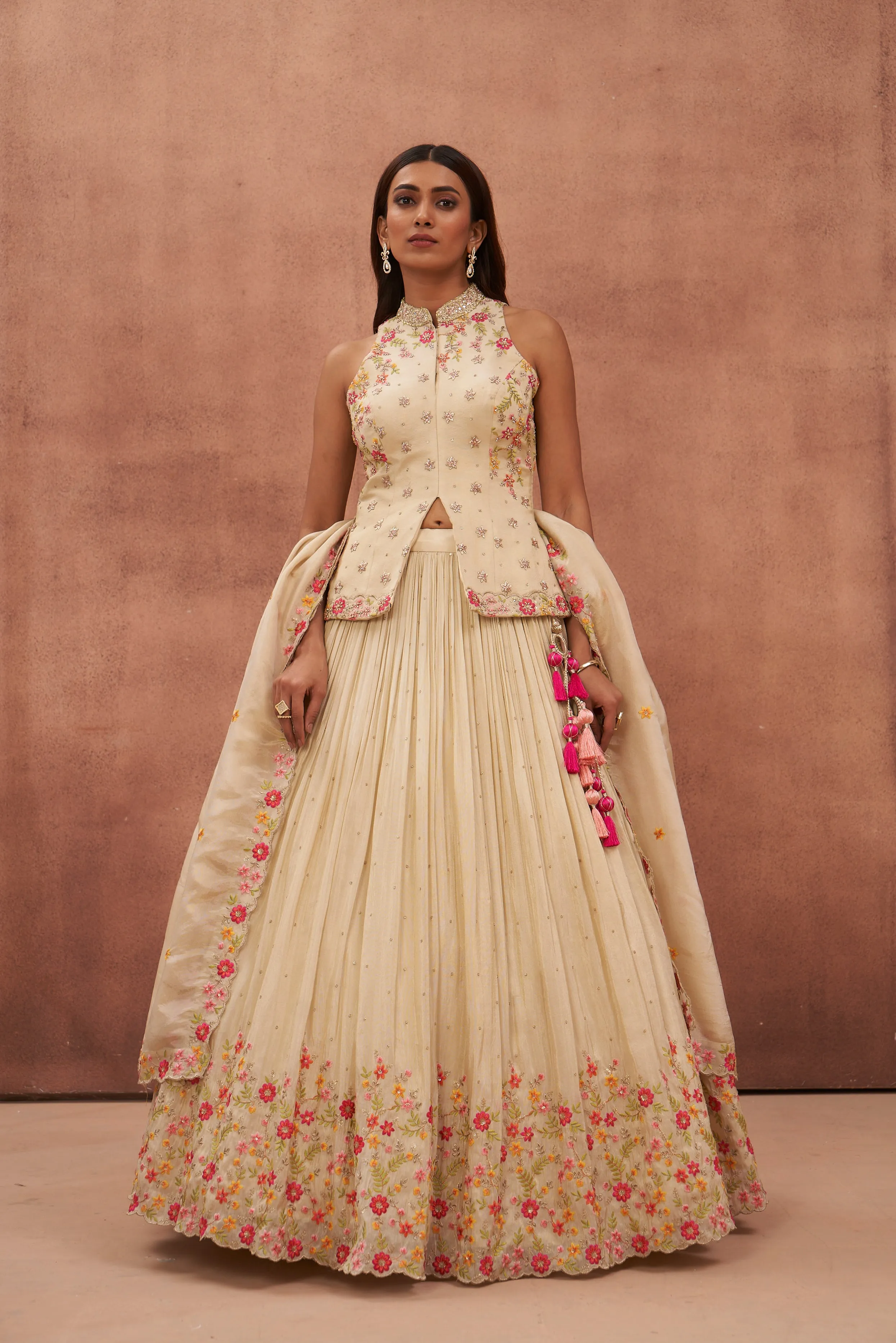 Champagne Hand Embroidered Georgette Silk Lehenga Set