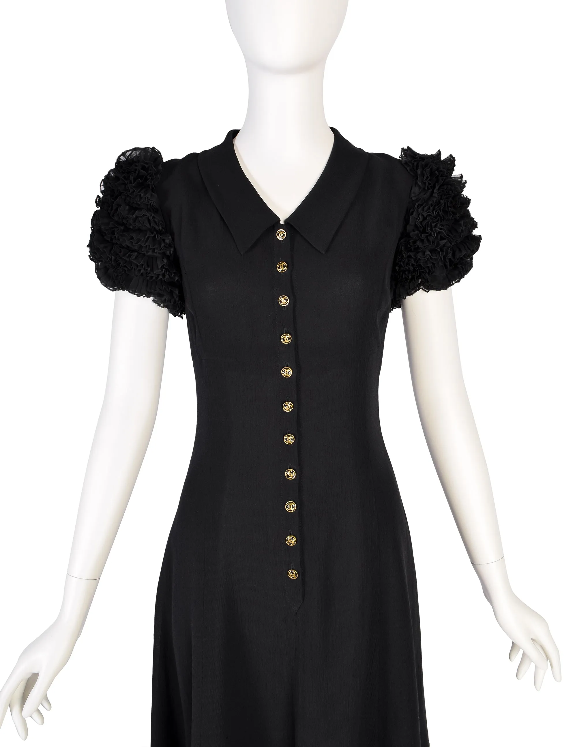 Chanel Vintage 1994 Black Crepe Button Up Pleated Ruffle Sleeve Dress