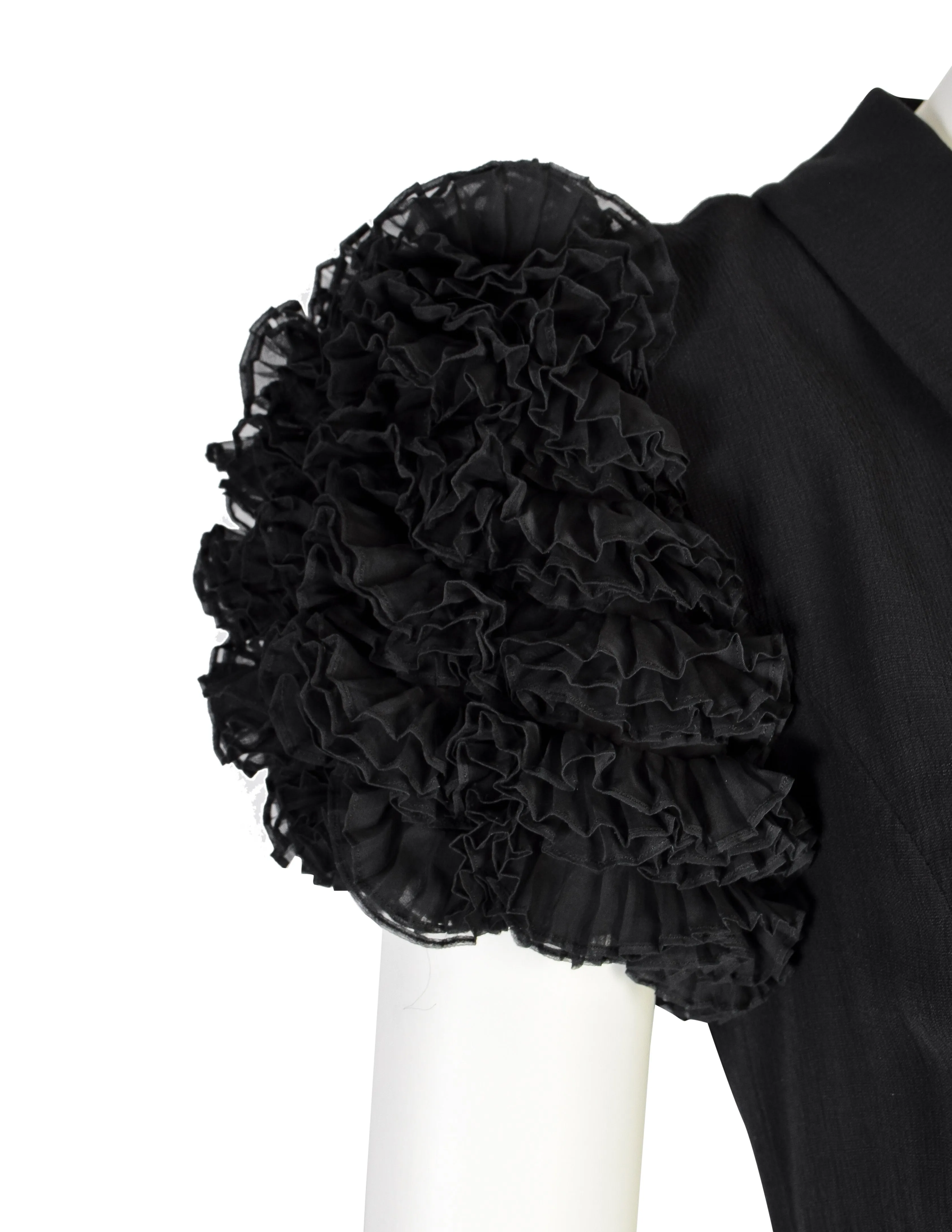 Chanel Vintage 1994 Black Crepe Button Up Pleated Ruffle Sleeve Dress