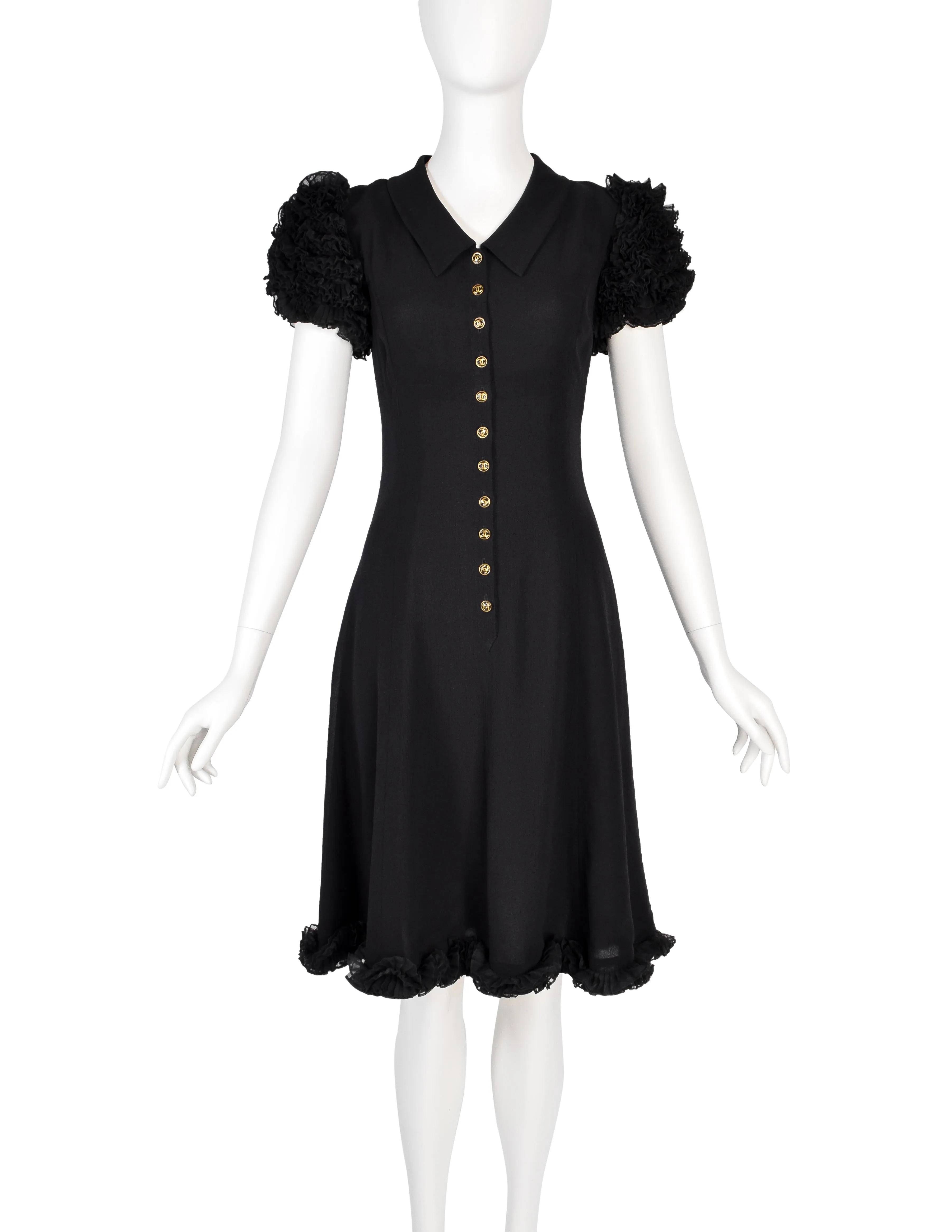 Chanel Vintage 1994 Black Crepe Button Up Pleated Ruffle Sleeve Dress