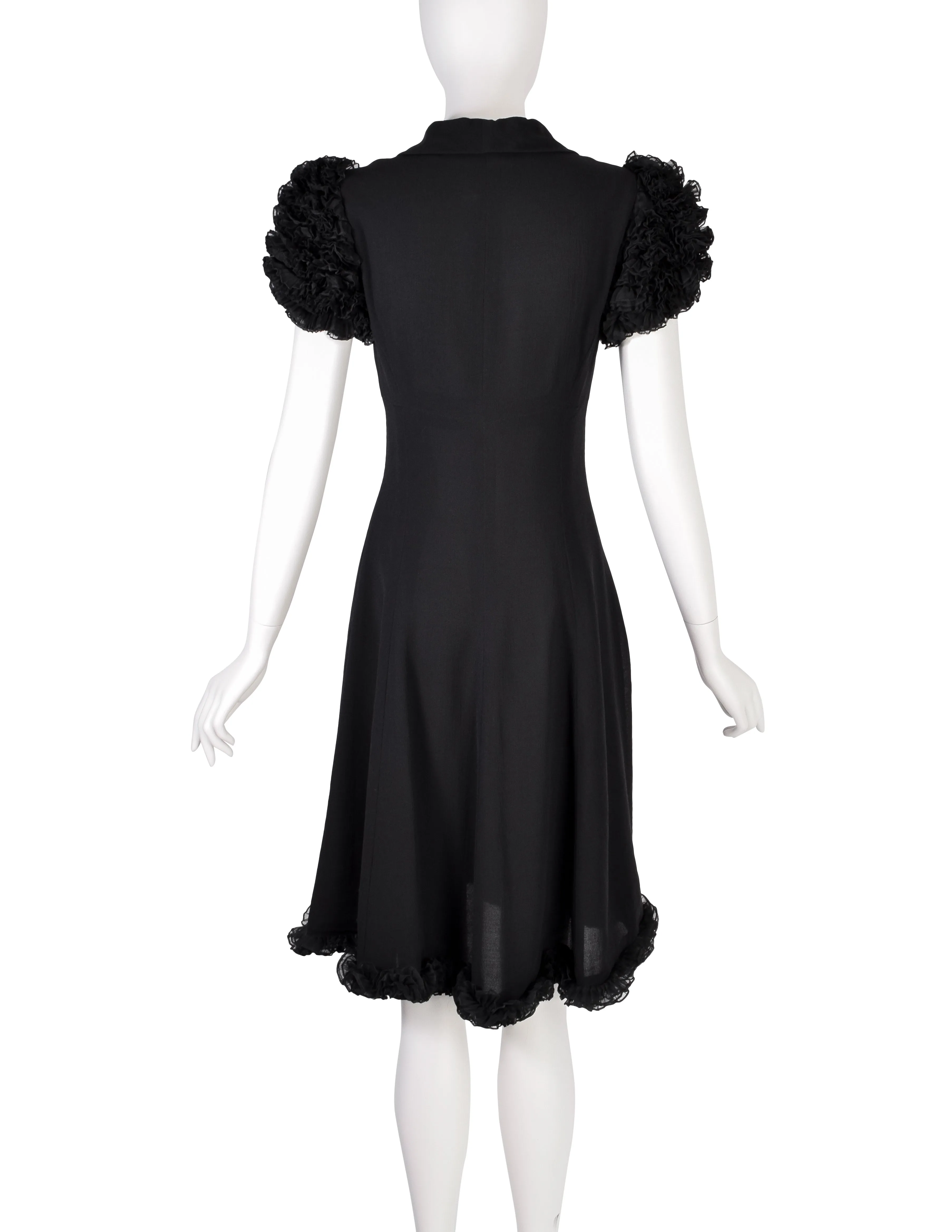 Chanel Vintage 1994 Black Crepe Button Up Pleated Ruffle Sleeve Dress