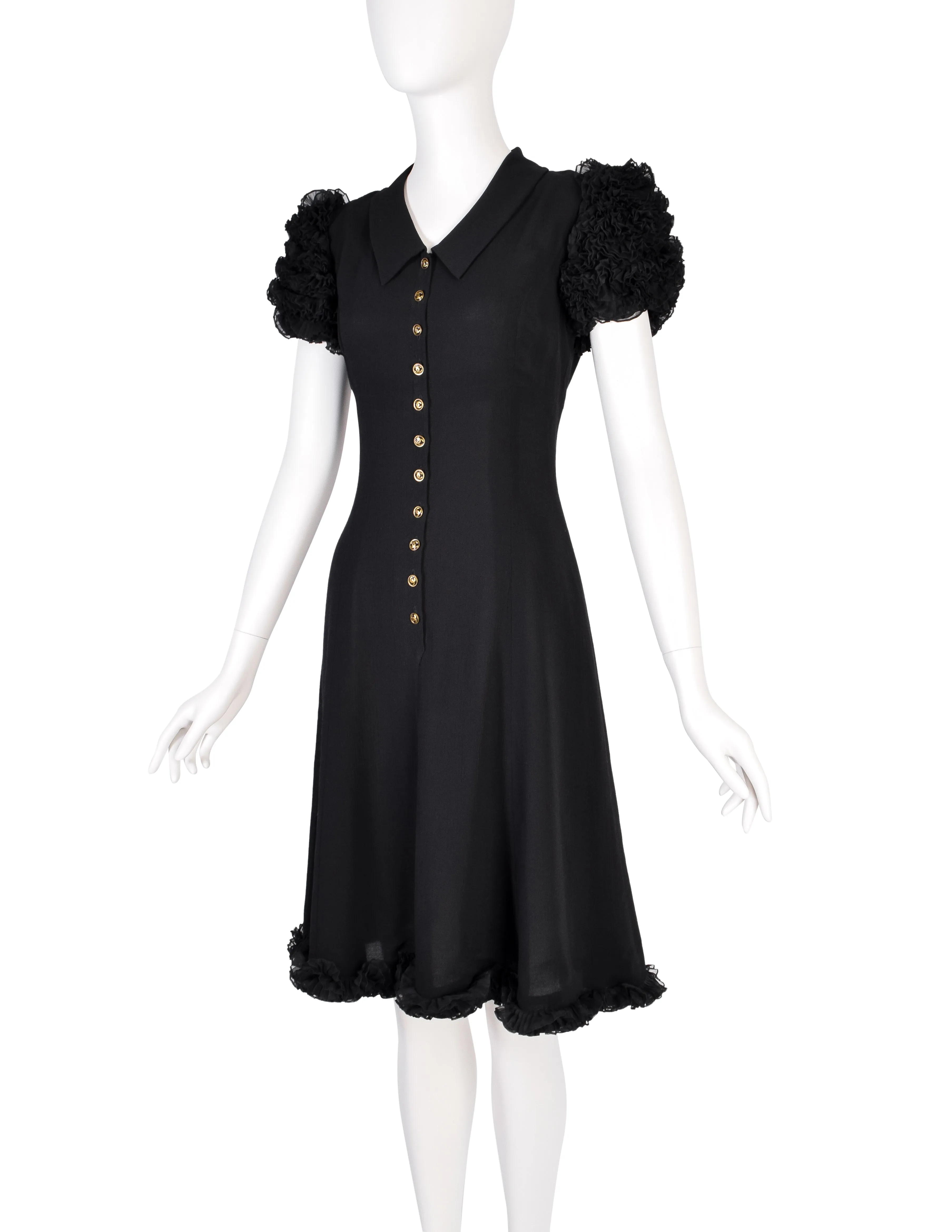 Chanel Vintage 1994 Black Crepe Button Up Pleated Ruffle Sleeve Dress