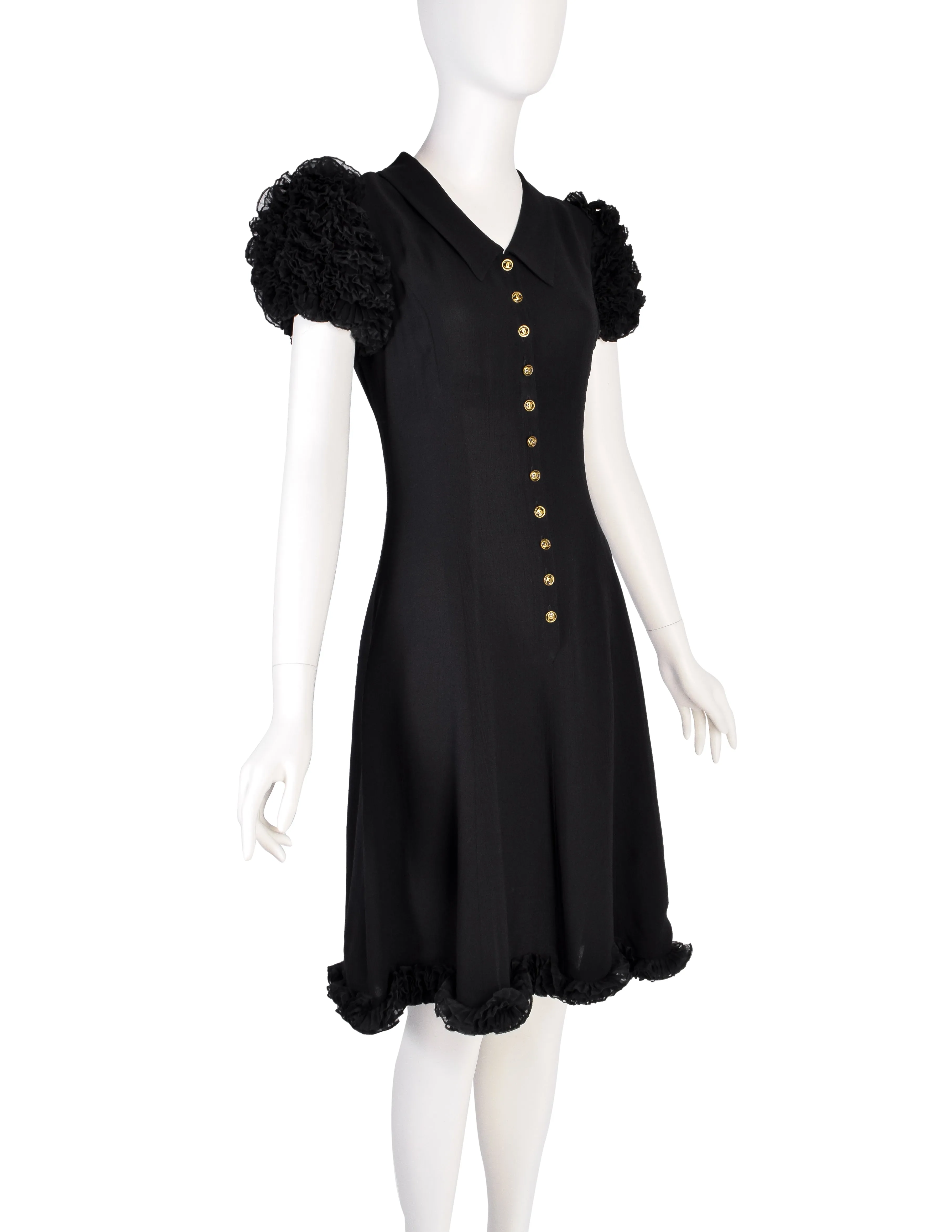 Chanel Vintage 1994 Black Crepe Button Up Pleated Ruffle Sleeve Dress