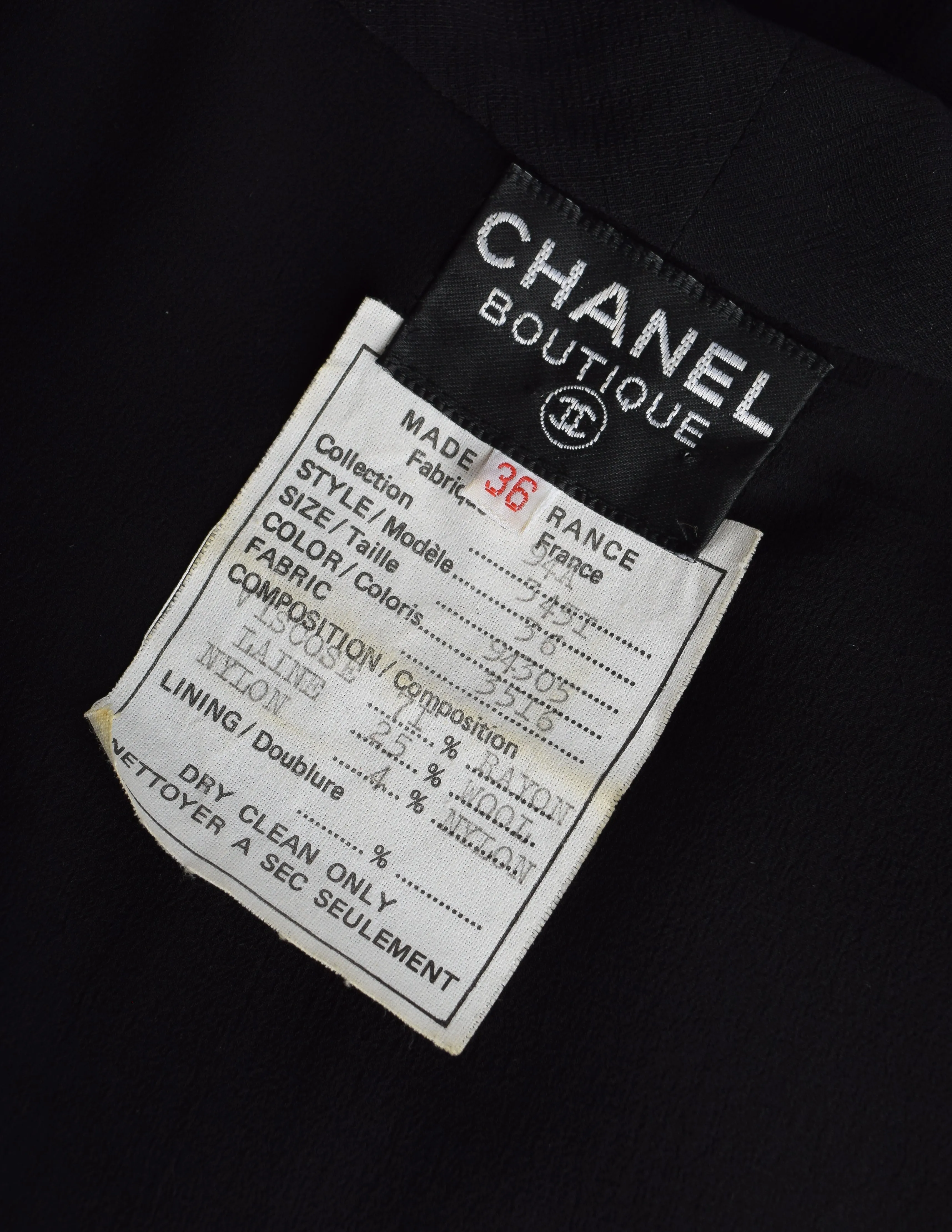 Chanel Vintage 1994 Black Crepe Button Up Pleated Ruffle Sleeve Dress