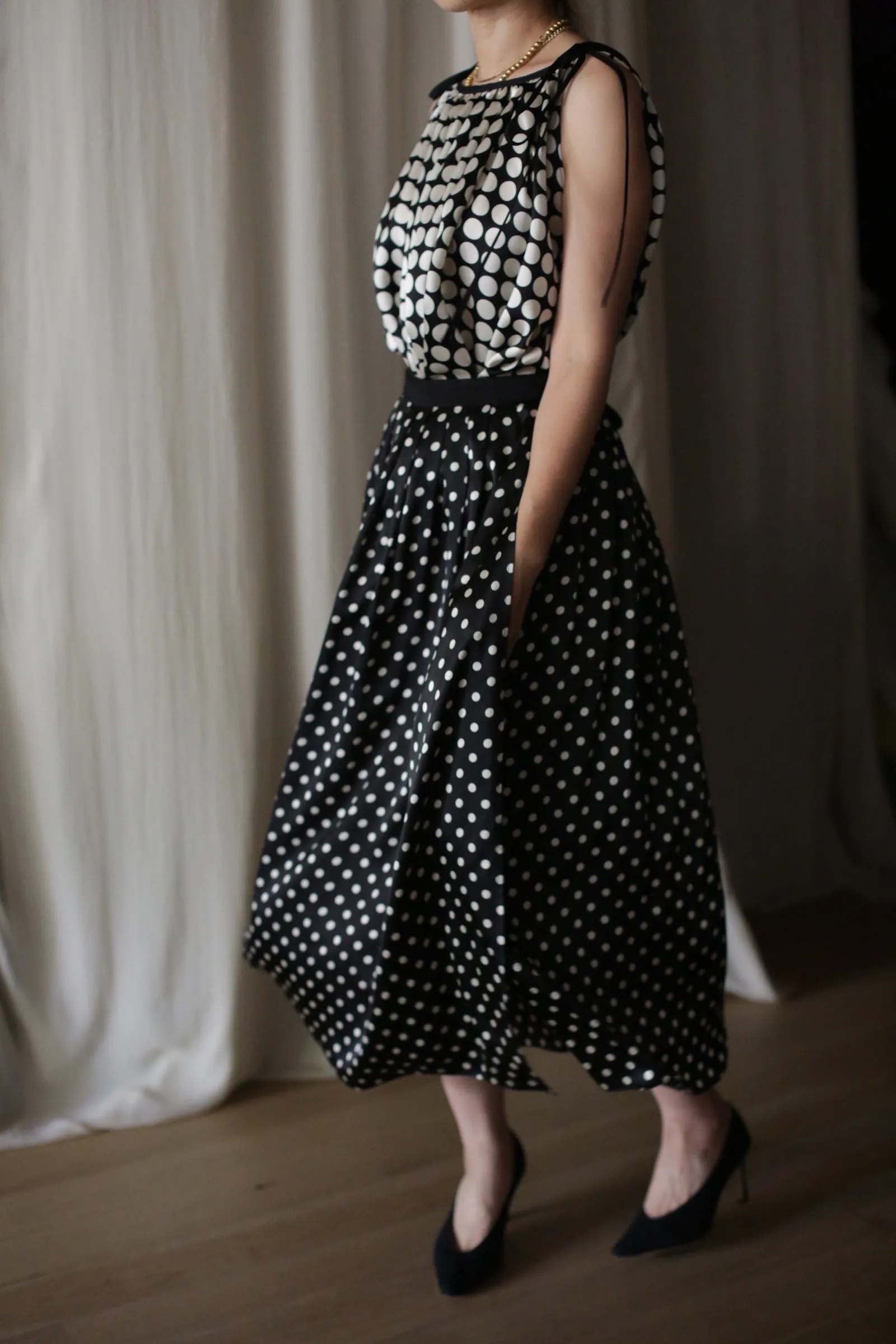 Charmeuse Pleated Wrap Skirt | B/W Polkadot