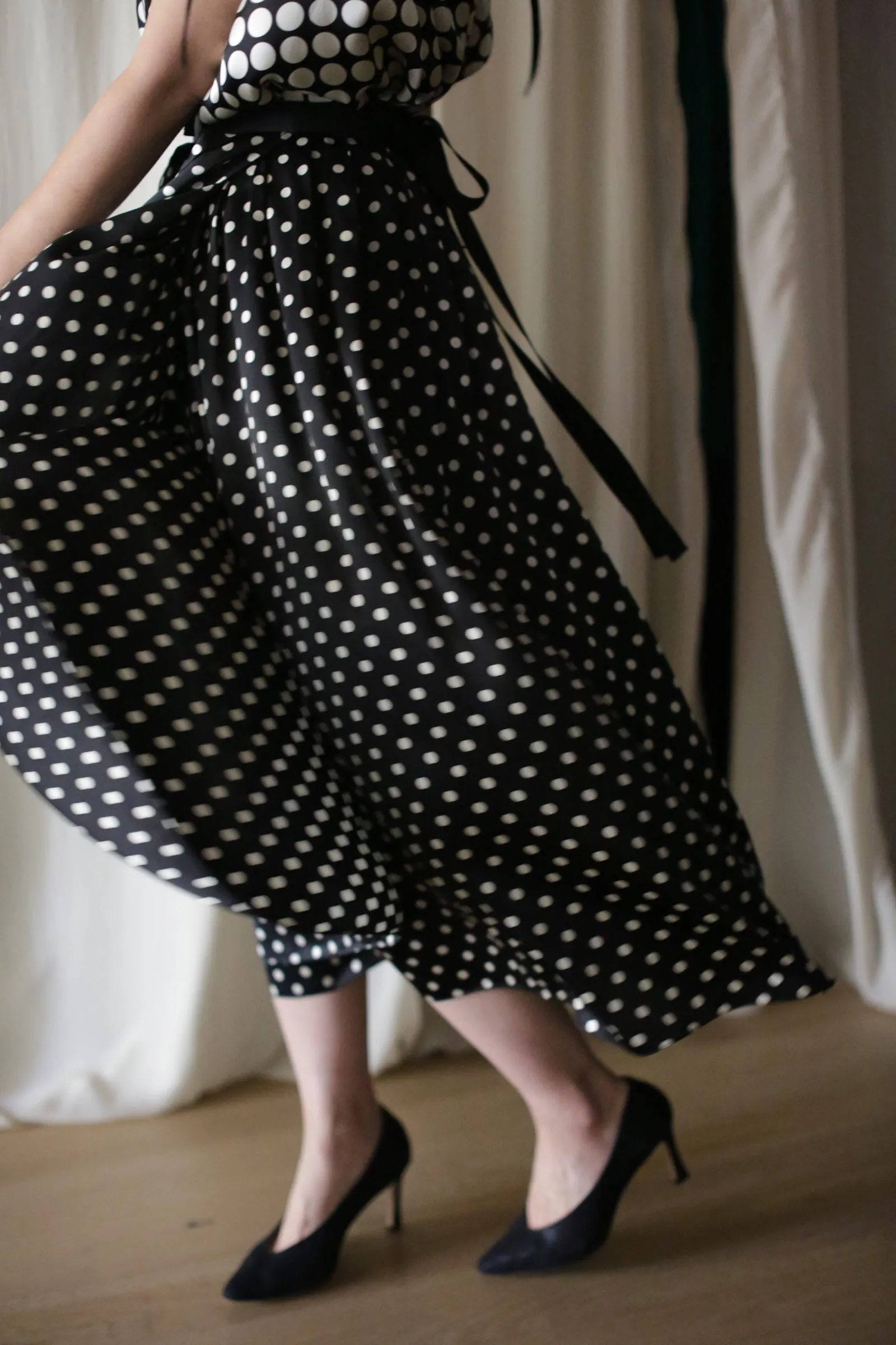 Charmeuse Pleated Wrap Skirt | B/W Polkadot