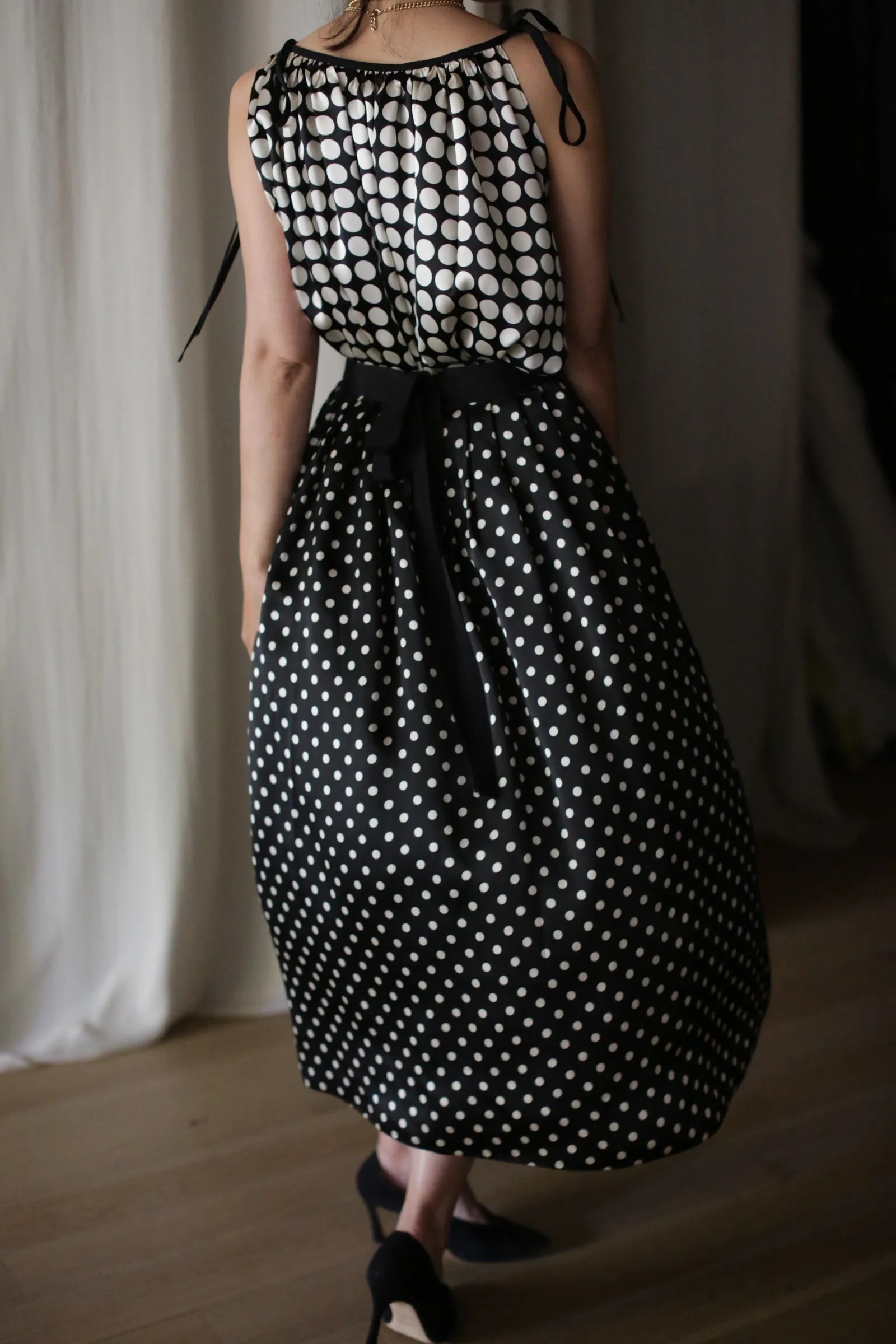 Charmeuse Pleated Wrap Skirt | B/W Polkadot