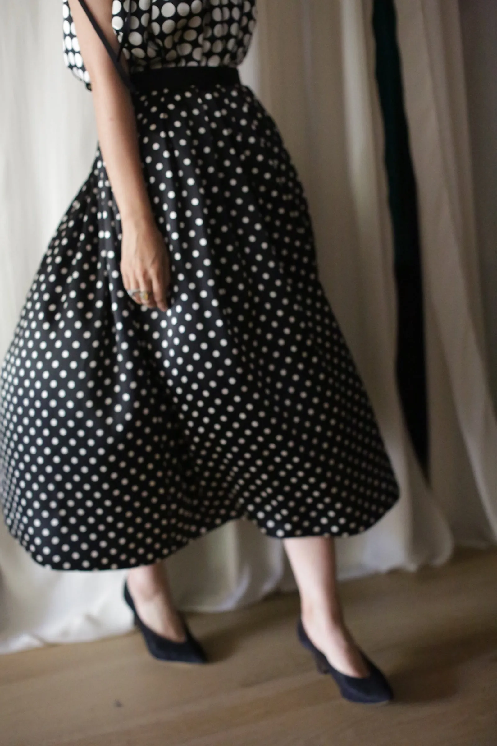 Charmeuse Pleated Wrap Skirt | B/W Polkadot