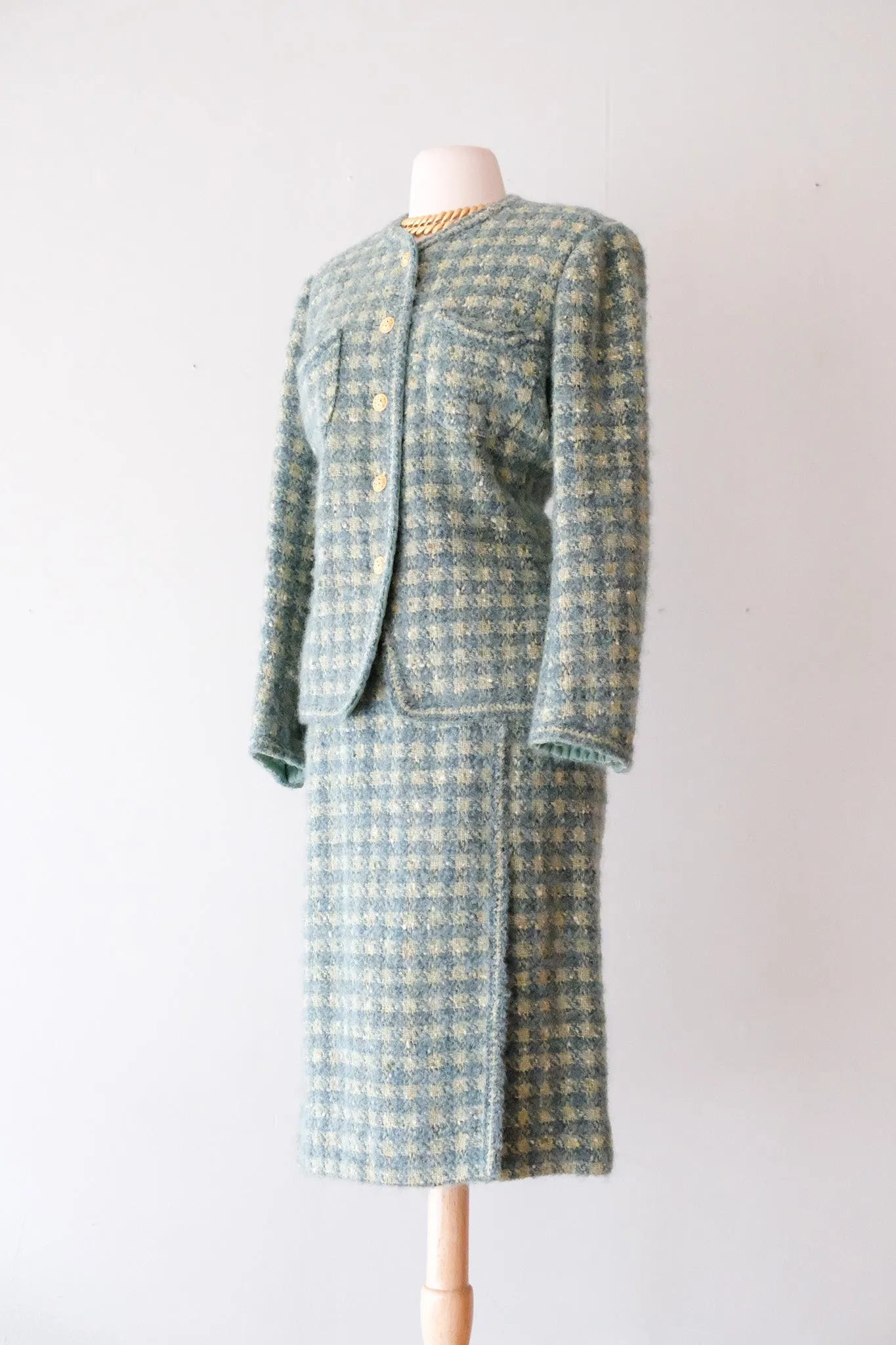 Chic 1990's Sage & Teal Chanel Inspired Tweed Suit Set / Sz M