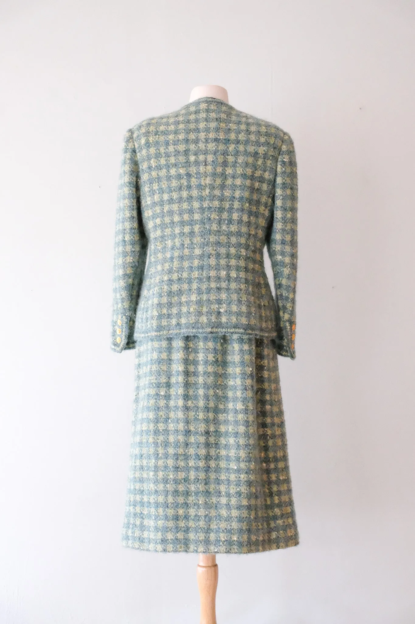 Chic 1990's Sage & Teal Chanel Inspired Tweed Suit Set / Sz M