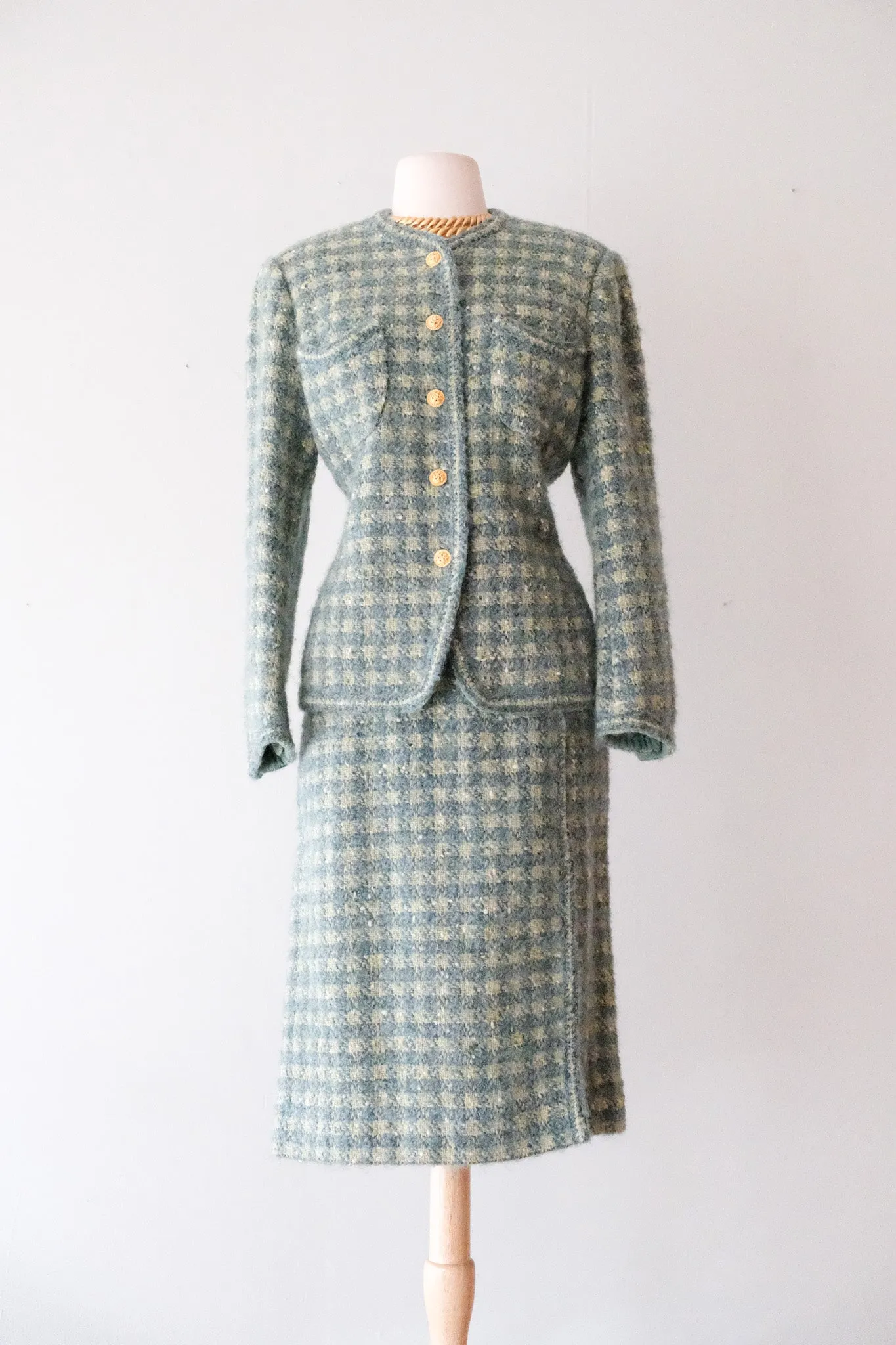 Chic 1990's Sage & Teal Chanel Inspired Tweed Suit Set / Sz M