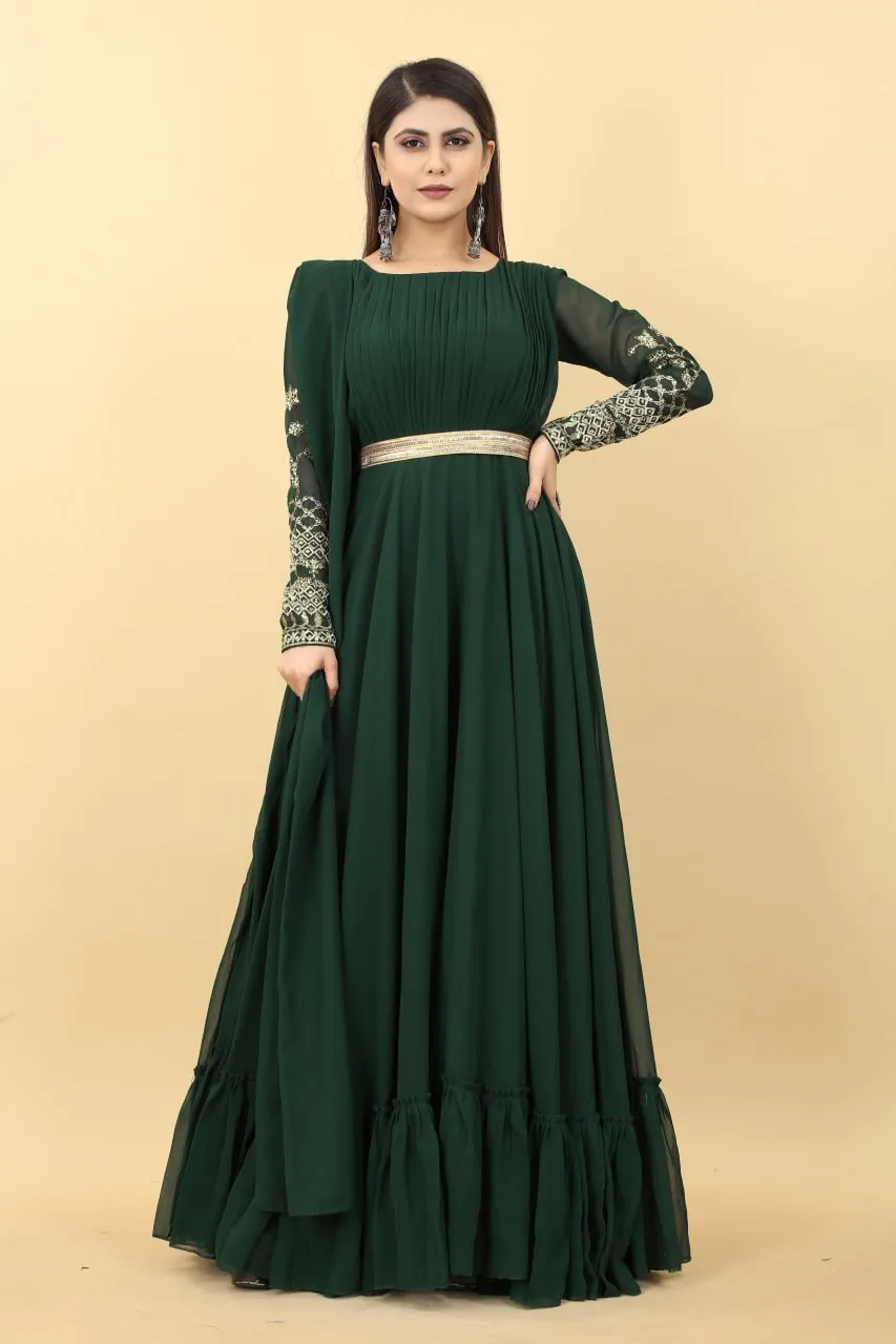 Dark Green Embroidery Sequence Work Gown