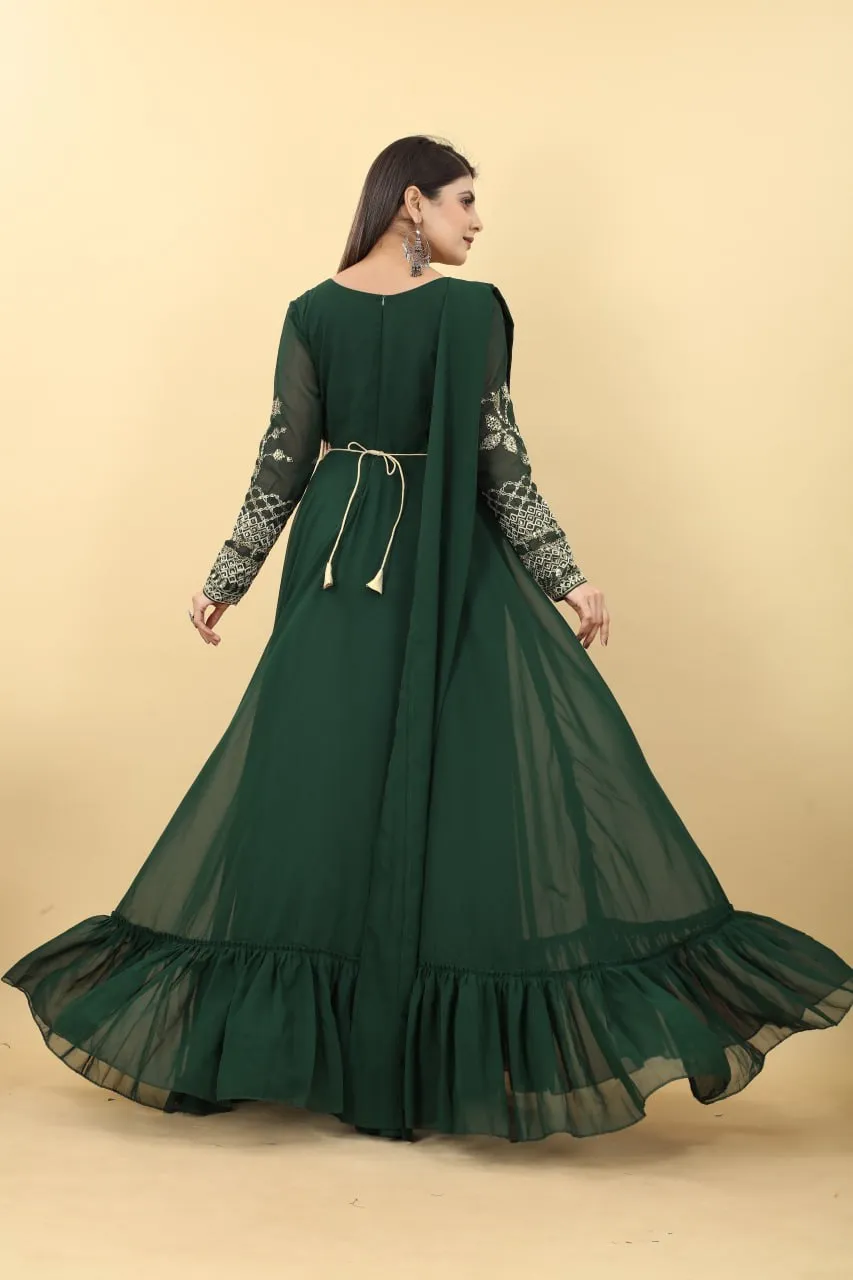 Dark Green Embroidery Sequence Work Gown